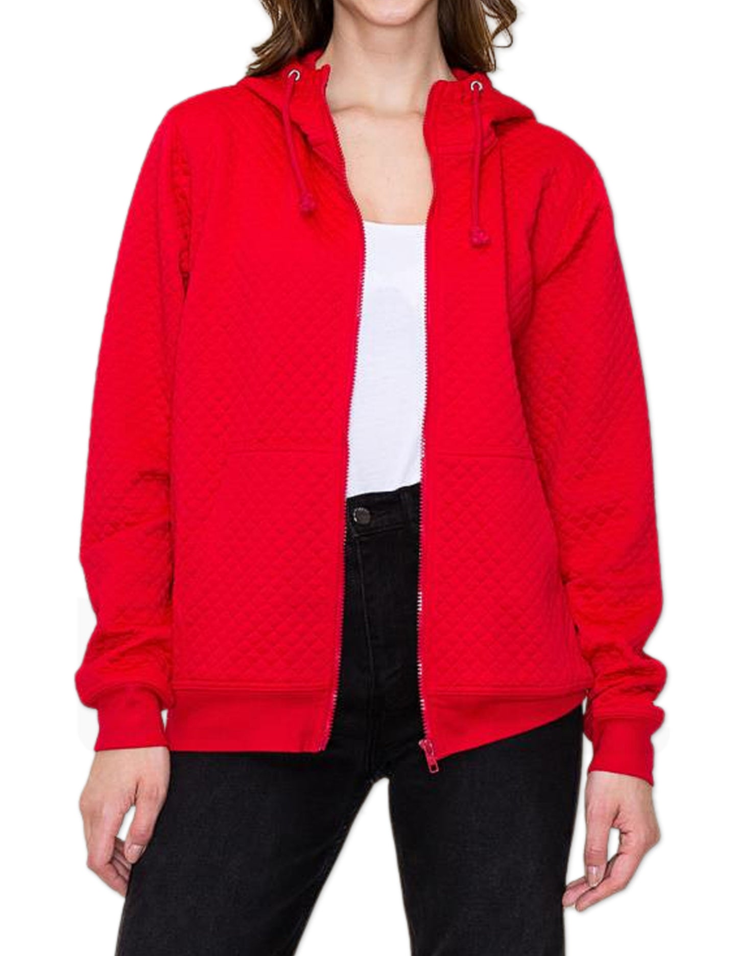 Kangaroo Pocket Quilted Hoodie - Red