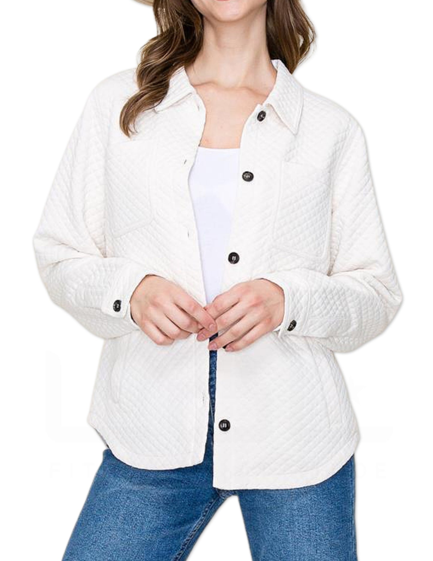 Collared Quilted Shirt Jacket - Cream