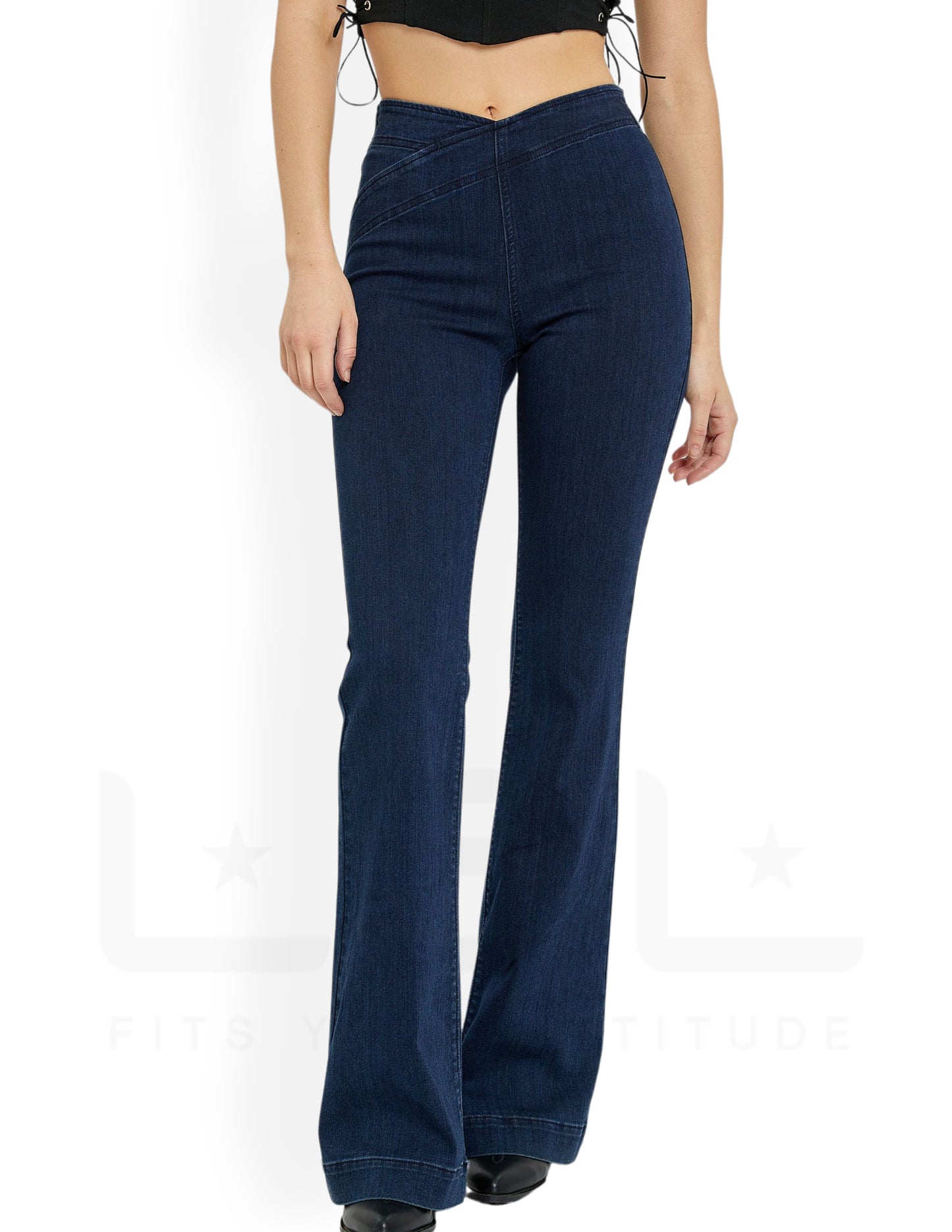 Overlapped Waistband Pull On Flare - Dark Wash