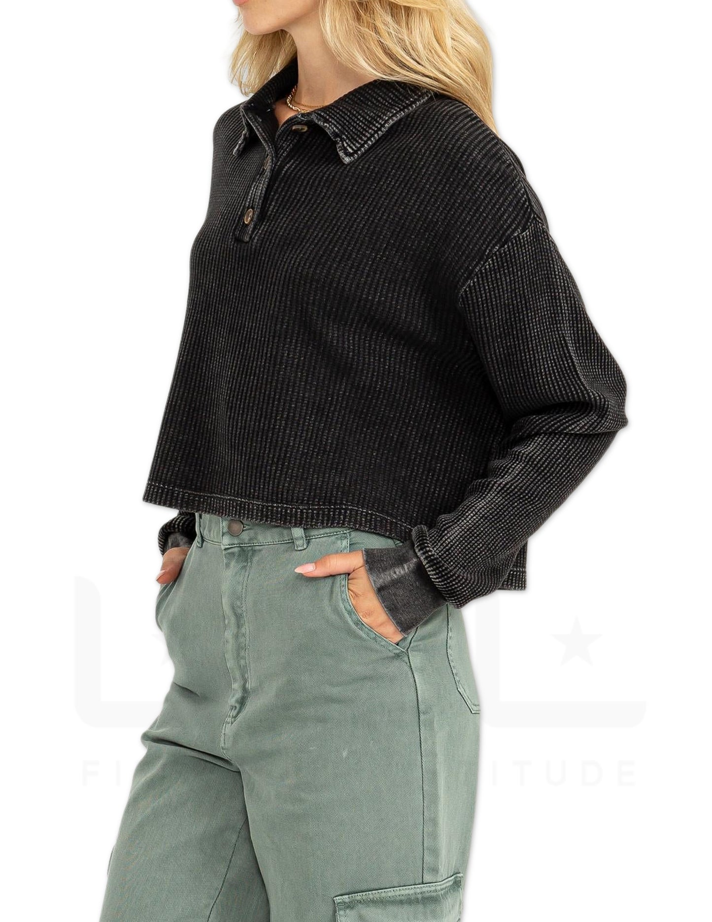 Collared Button Front Top - Black
