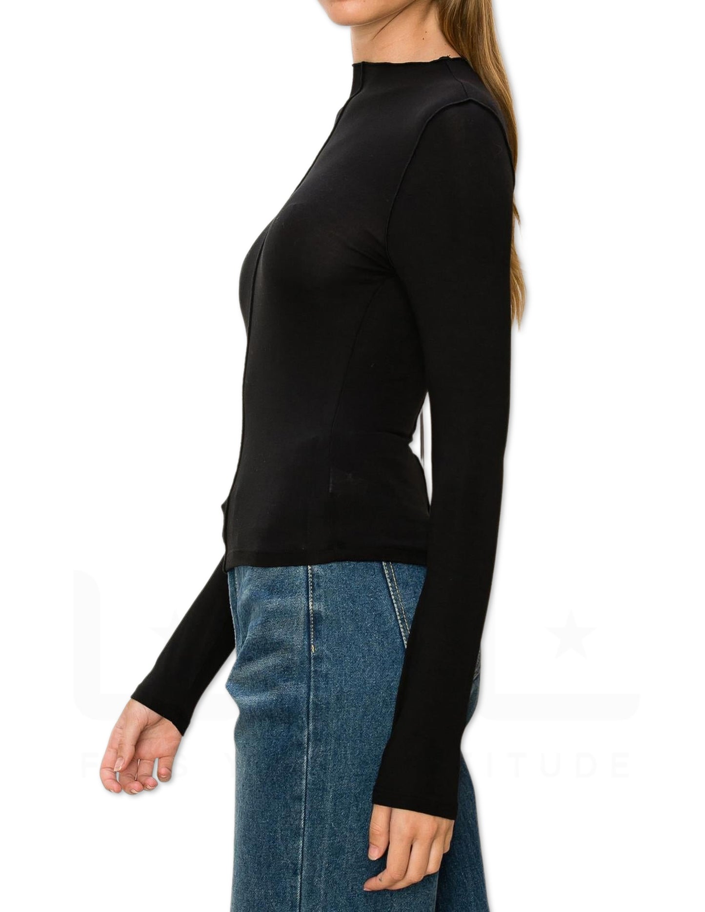 Mock Neck Seam Detail Long Sleeve Top - Black