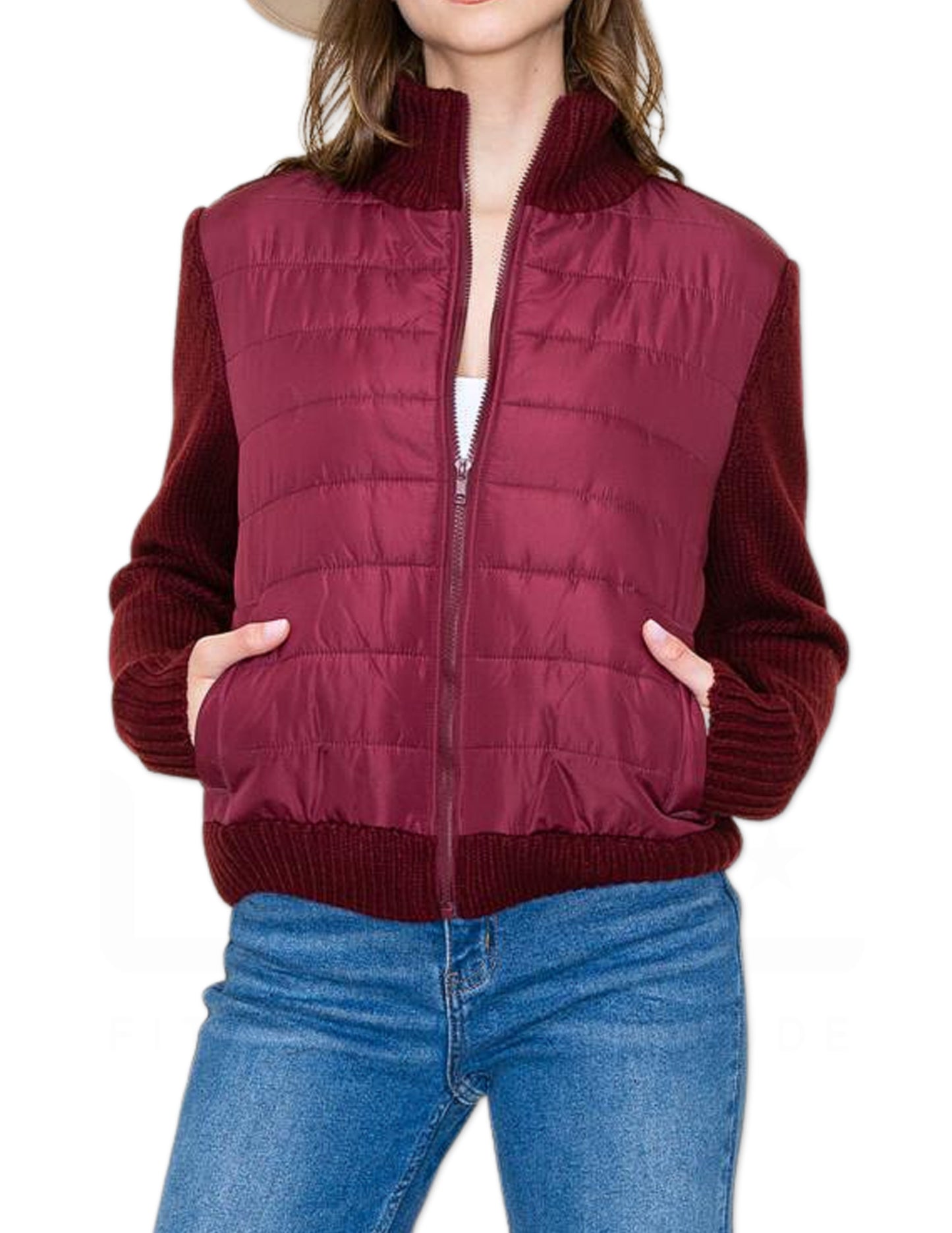 High Collar Hybrid Sweater Jacket - Burgundy