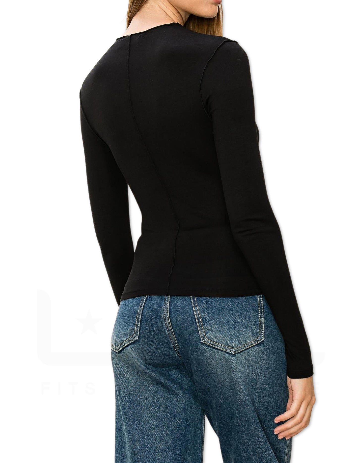 Mock Neck Seam Detail Long Sleeve Top - Black