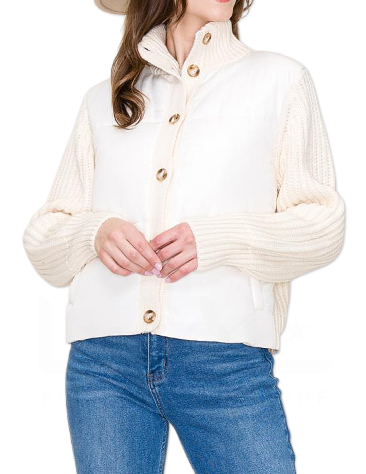 High Collar Hybrid Button Down Sweater - Cream
