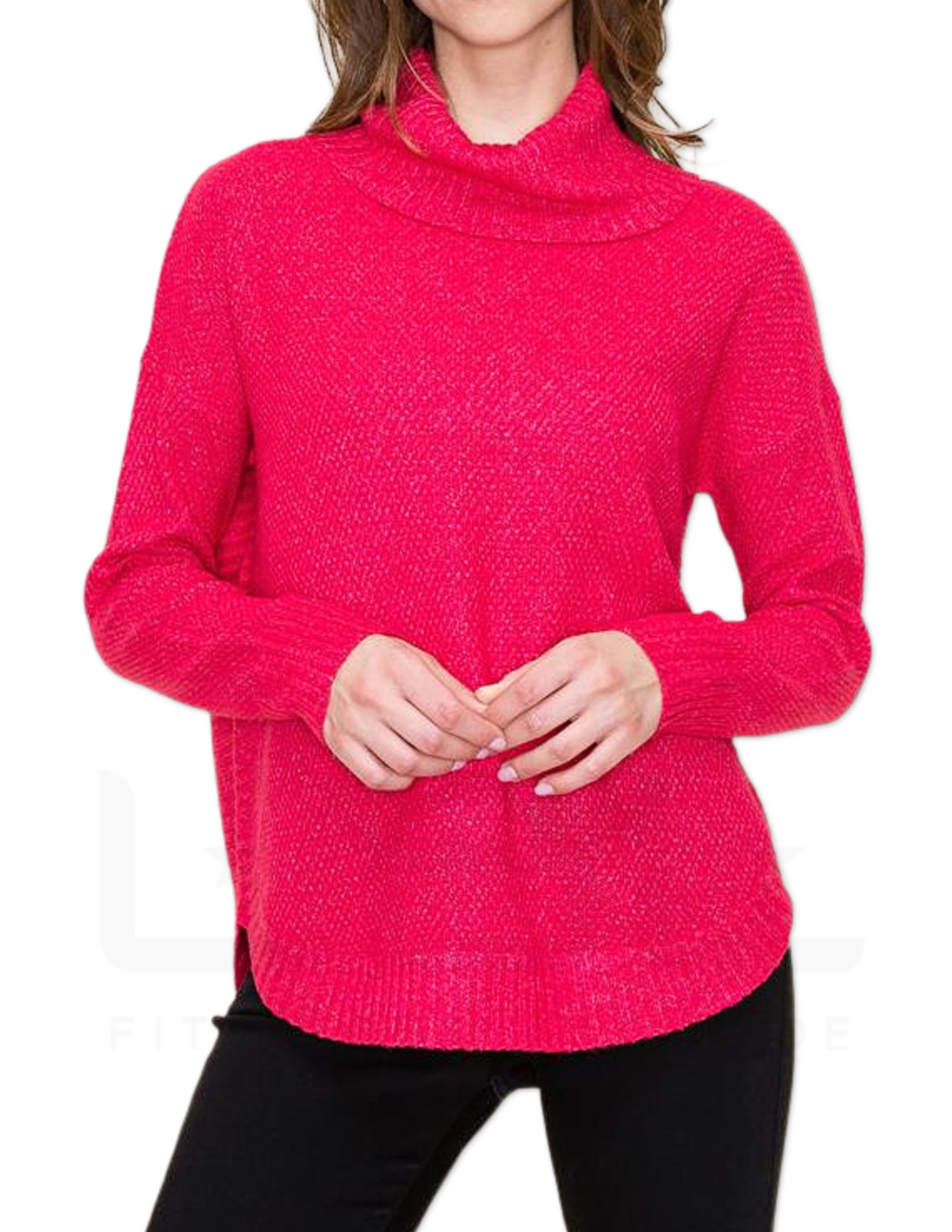 Slouchy Turtle Neck Waffle Knit Sweater - Magenta