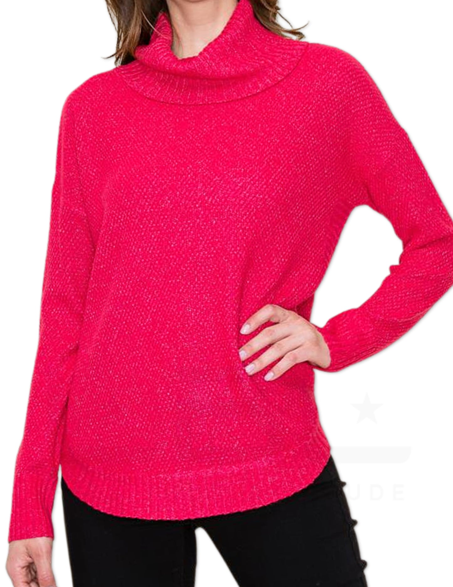 Slouchy Turtle Neck Waffle Knit Sweater - Magenta