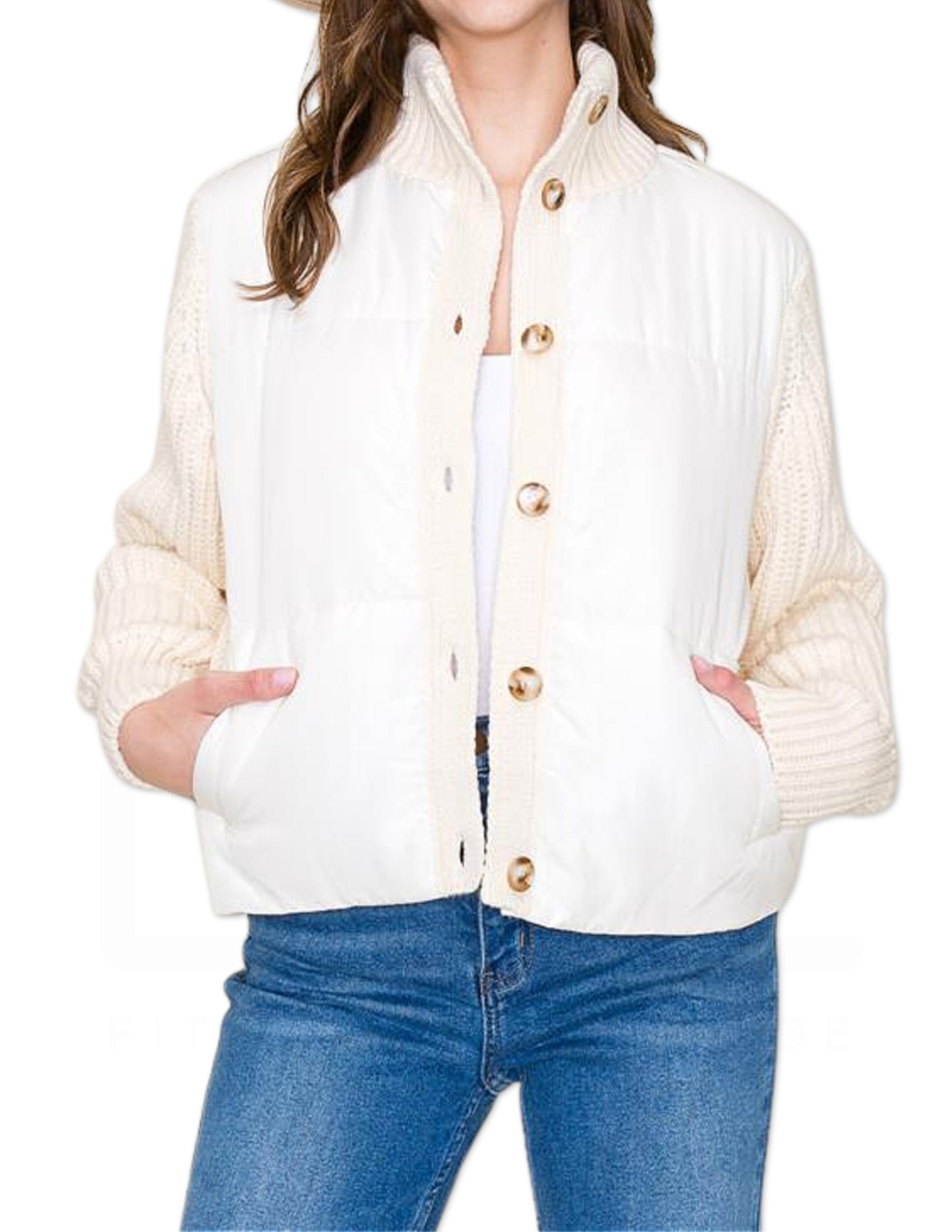 High Collar Hybrid Button Down Sweater - Cream