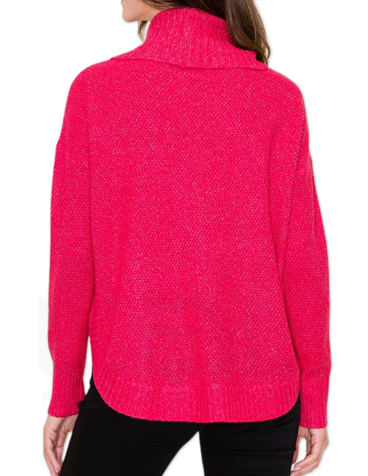 Slouchy Turtle Neck Waffle Knit Sweater - Magenta