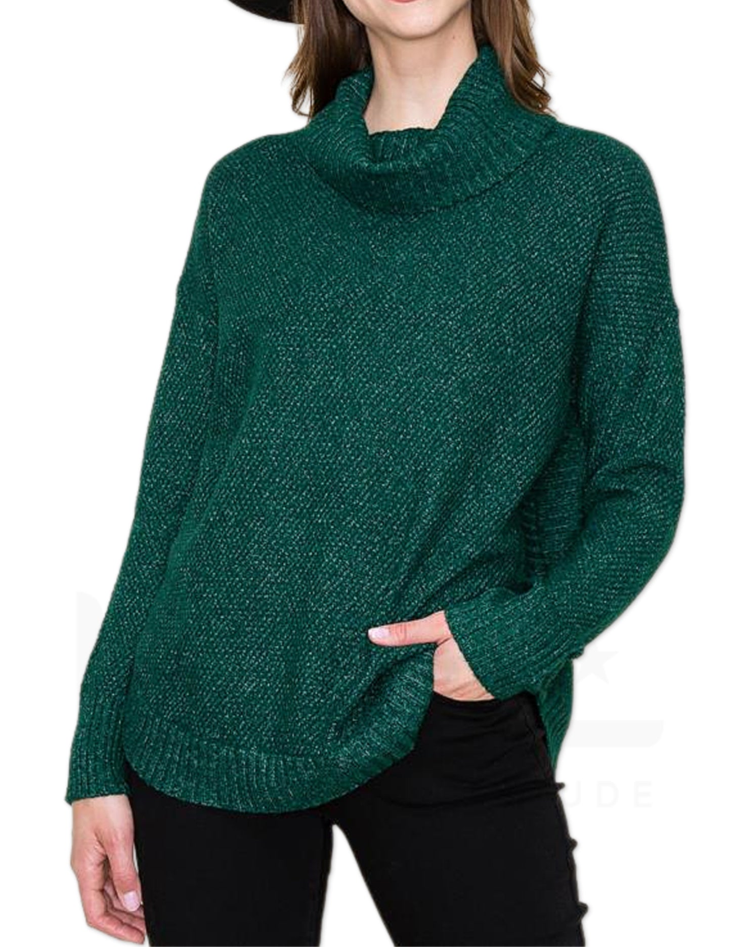 Slouchy Turtle Neck Waffle Knit Sweater - Forest