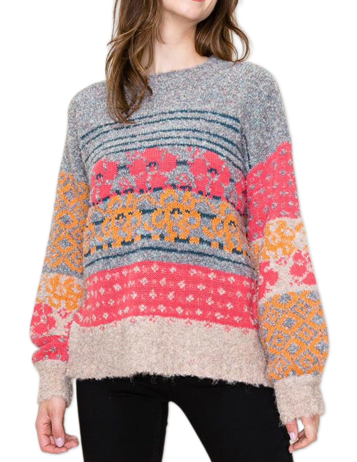 Boucle Yarn Floral and Stripe Sweater - Forest