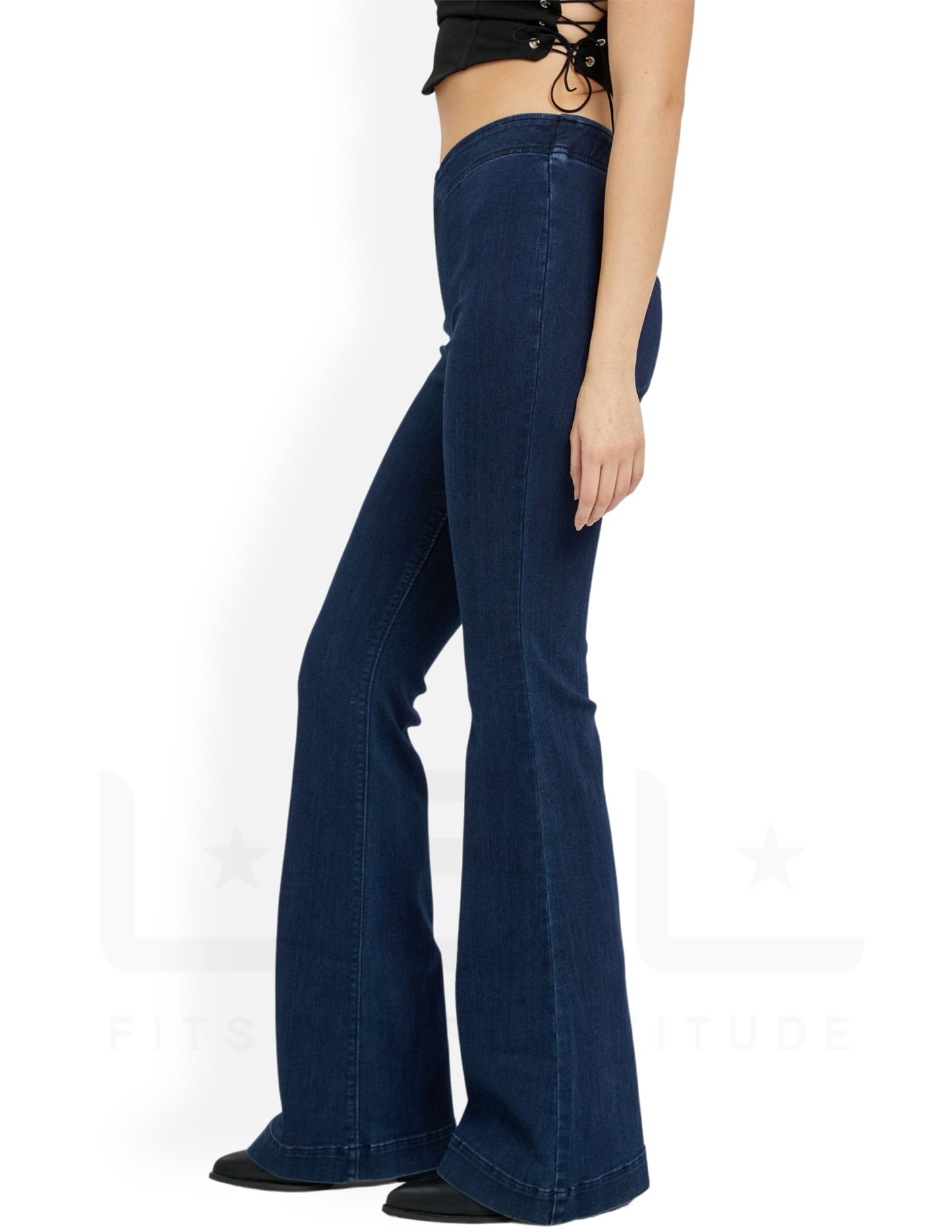 Overlapped Waistband Pull On Flare - Dark Wash