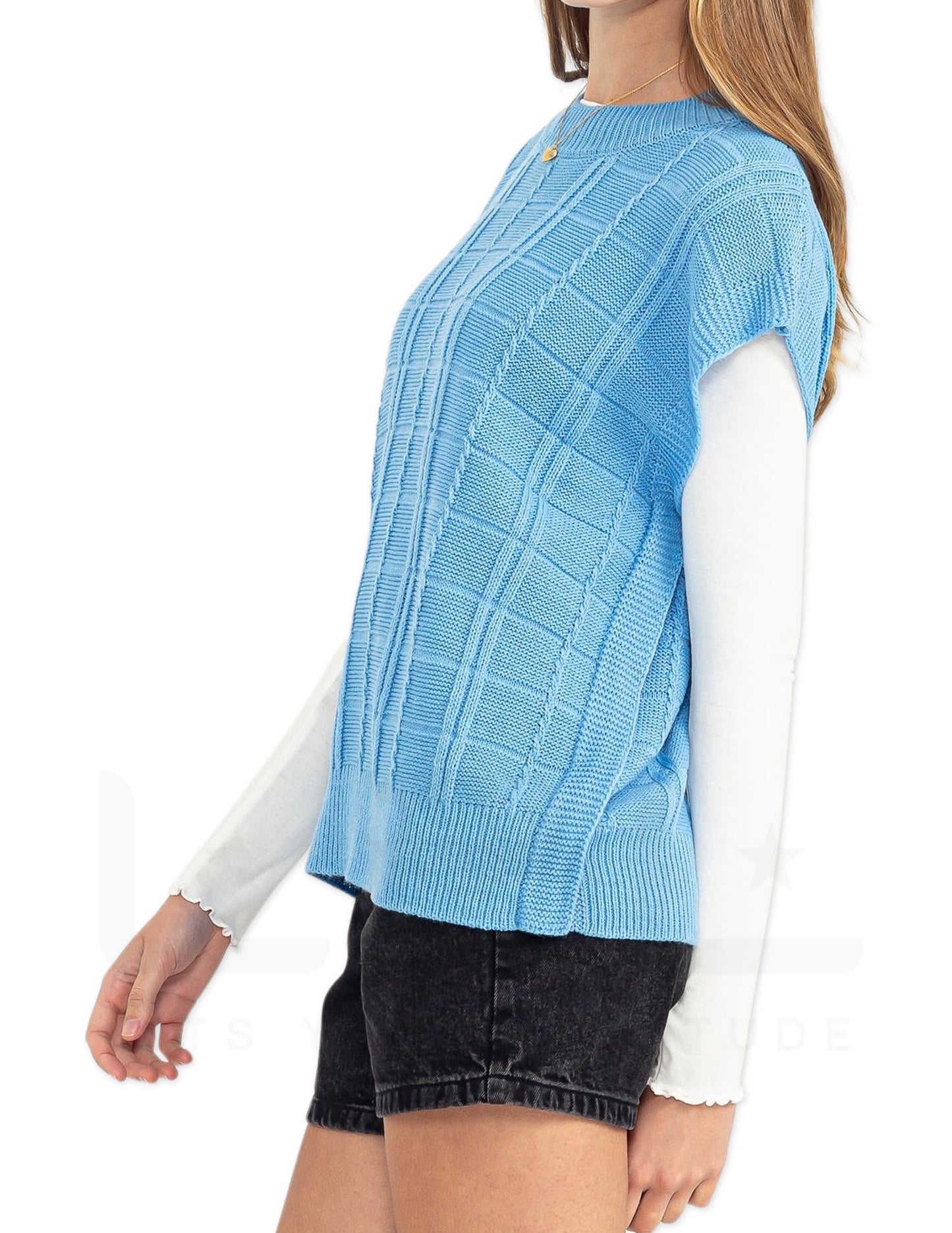 Sleeveless Oversized Cable Knit Sweater Vest - Medium Blue