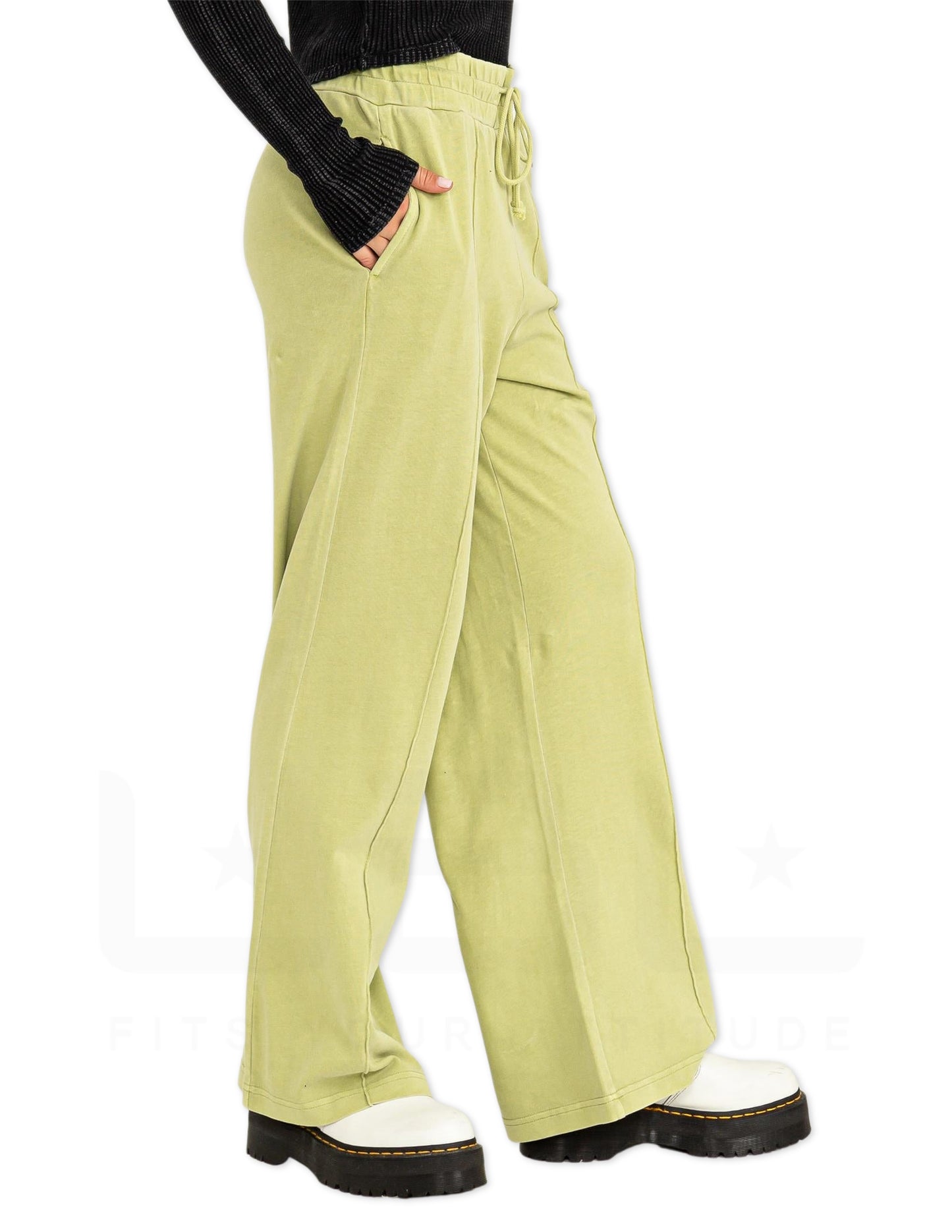 High Waist Drawstring Wide Leg Pants - Pale Olive