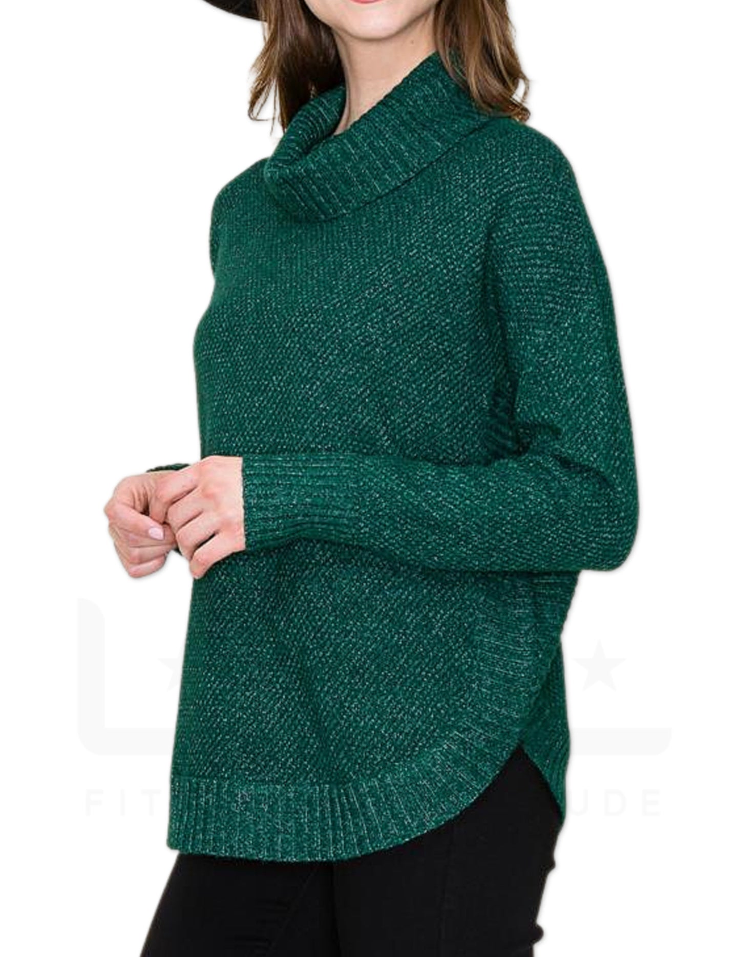 Slouchy Turtle Neck Waffle Knit Sweater - Forest