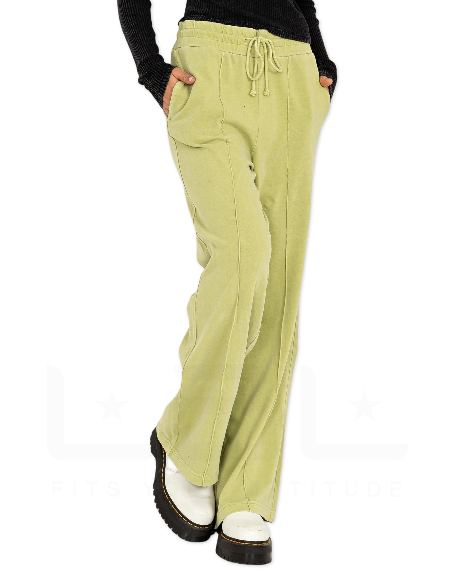 High Waist Drawstring Wide Leg Pants - Pale Olive