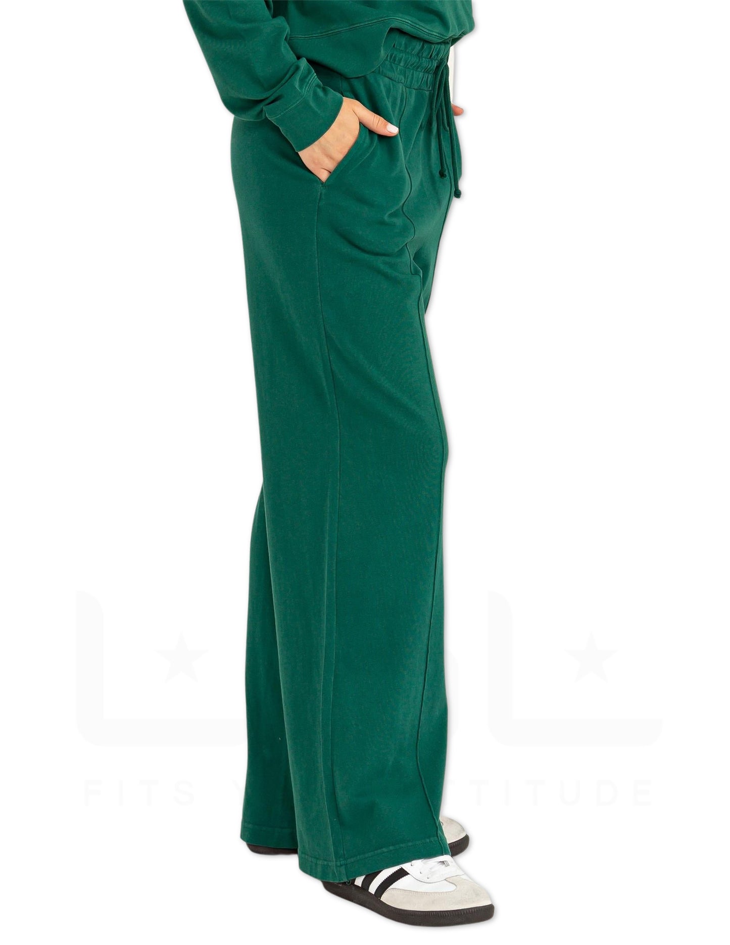 High Waist Drawstring Wide Leg Pants - Pine Green