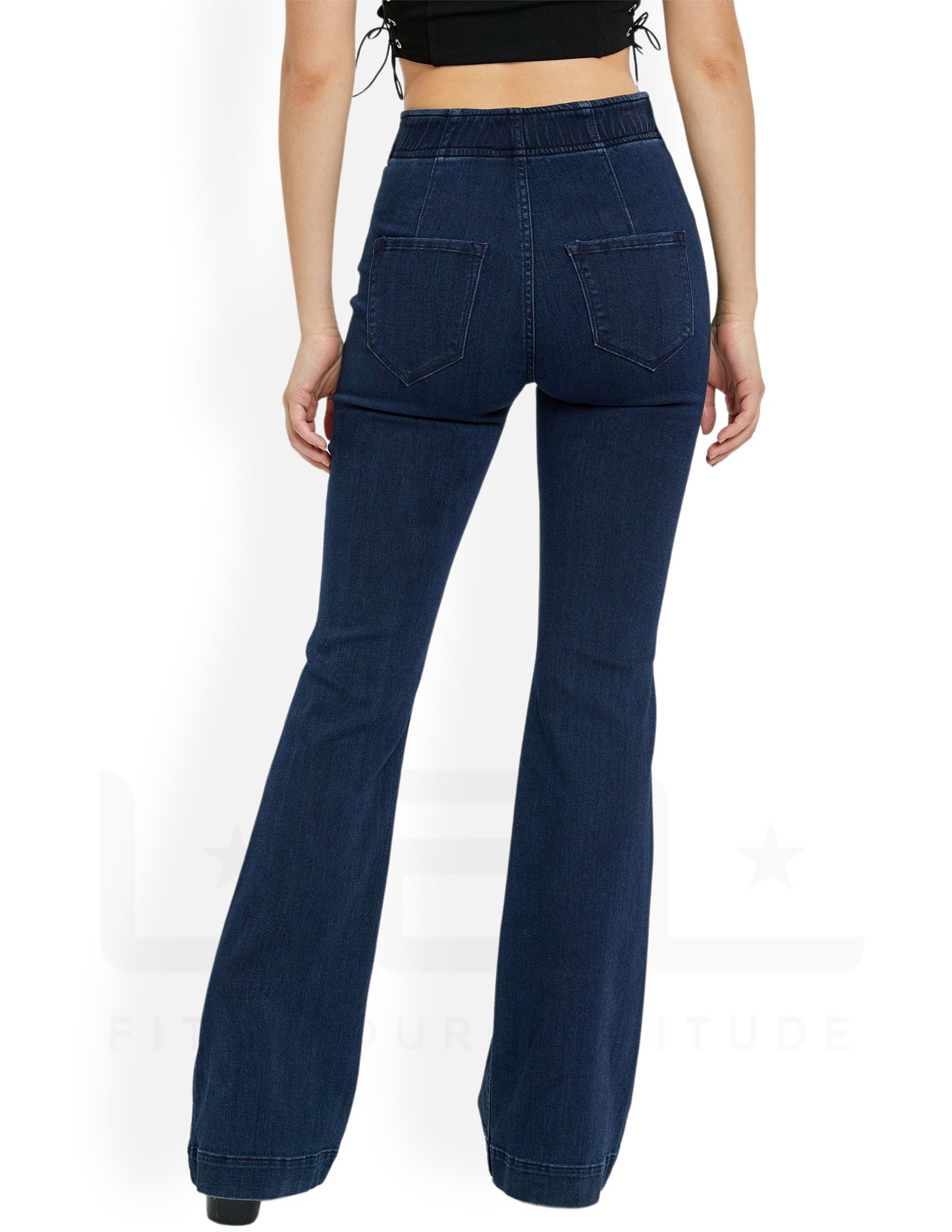 Overlapped Waistband Pull On Flare - Dark Wash