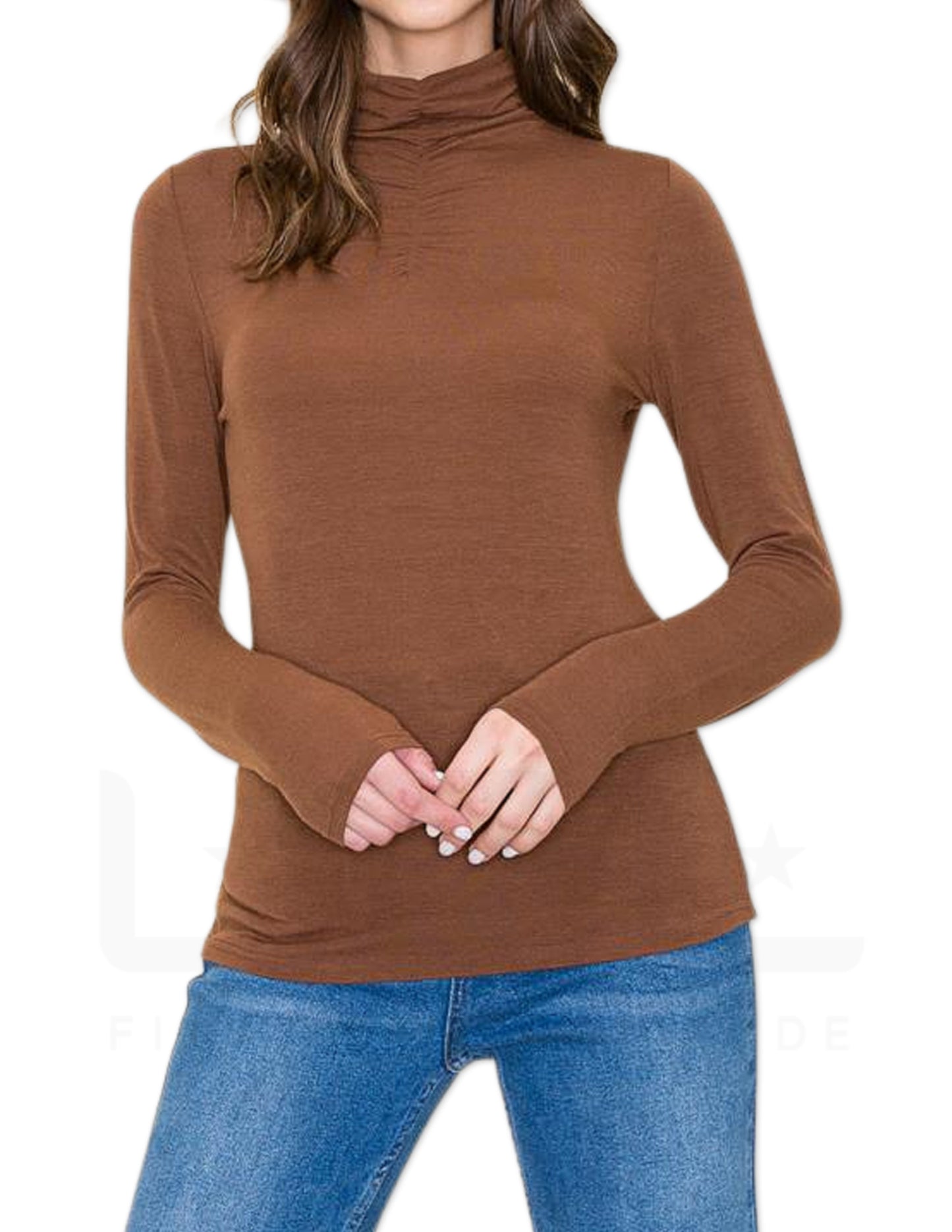 Mock Gathered Neck Long Sleeve - Brown