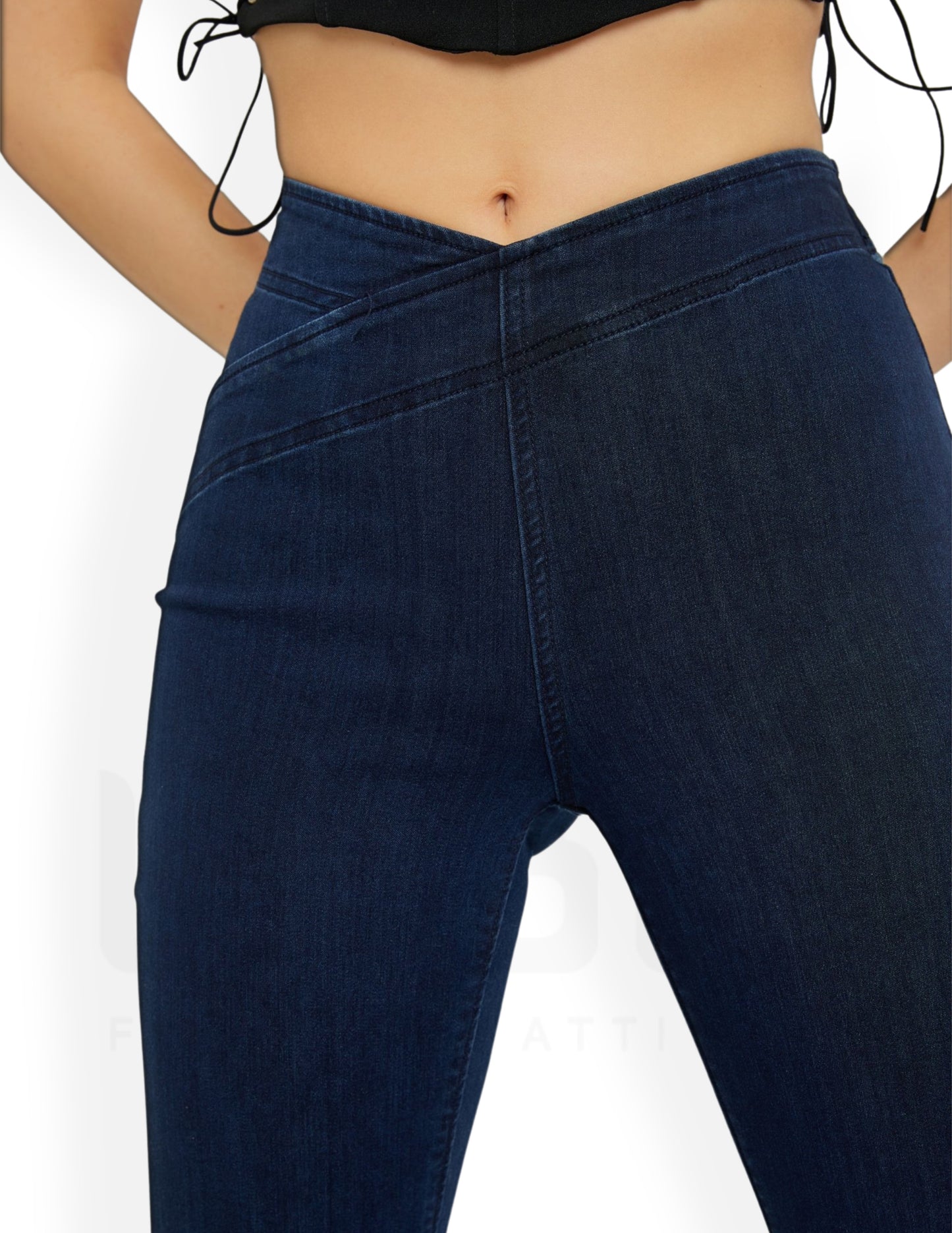 Overlapped Waistband Pull On Flare - Dark Wash