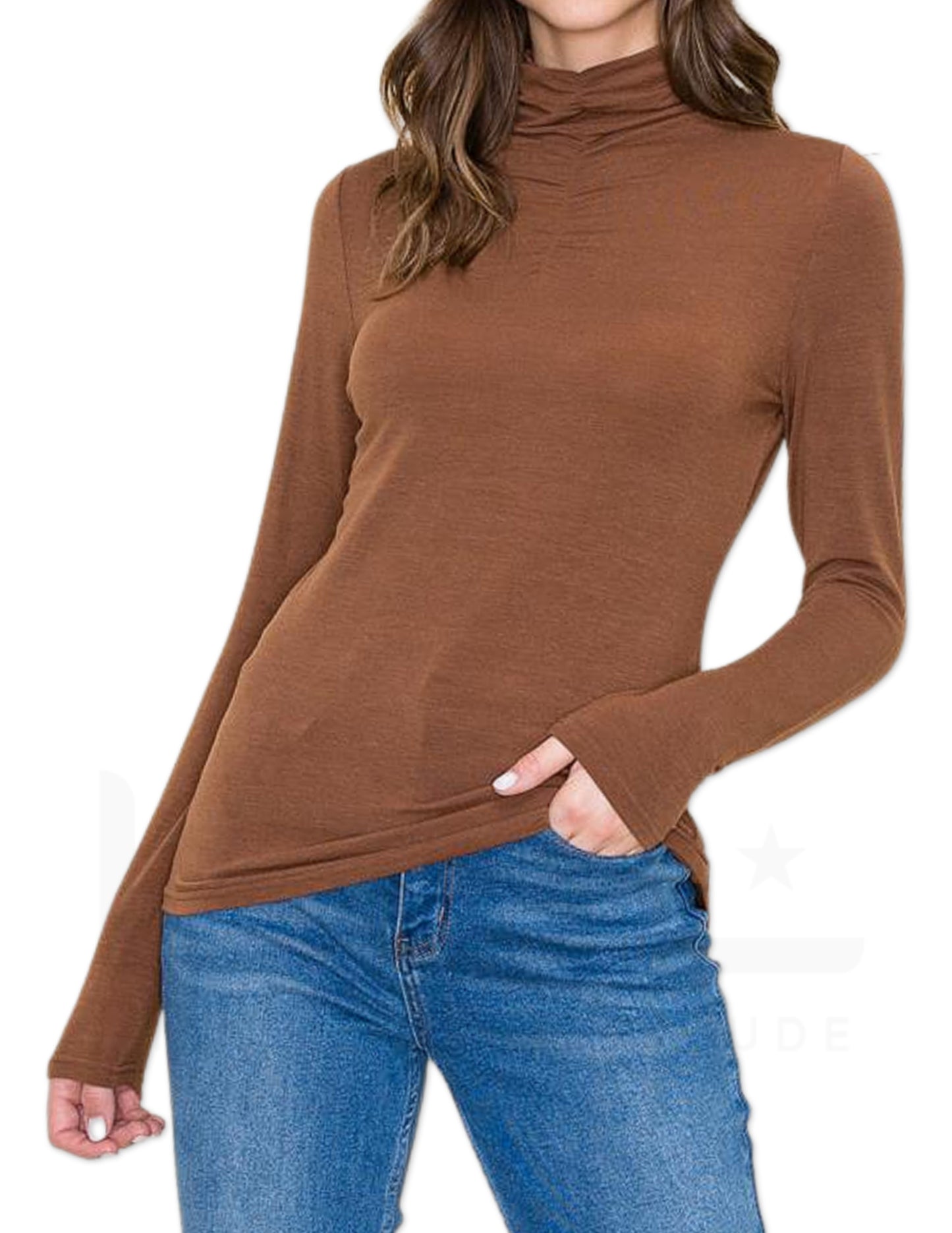 Mock Gathered Neck Long Sleeve - Brown