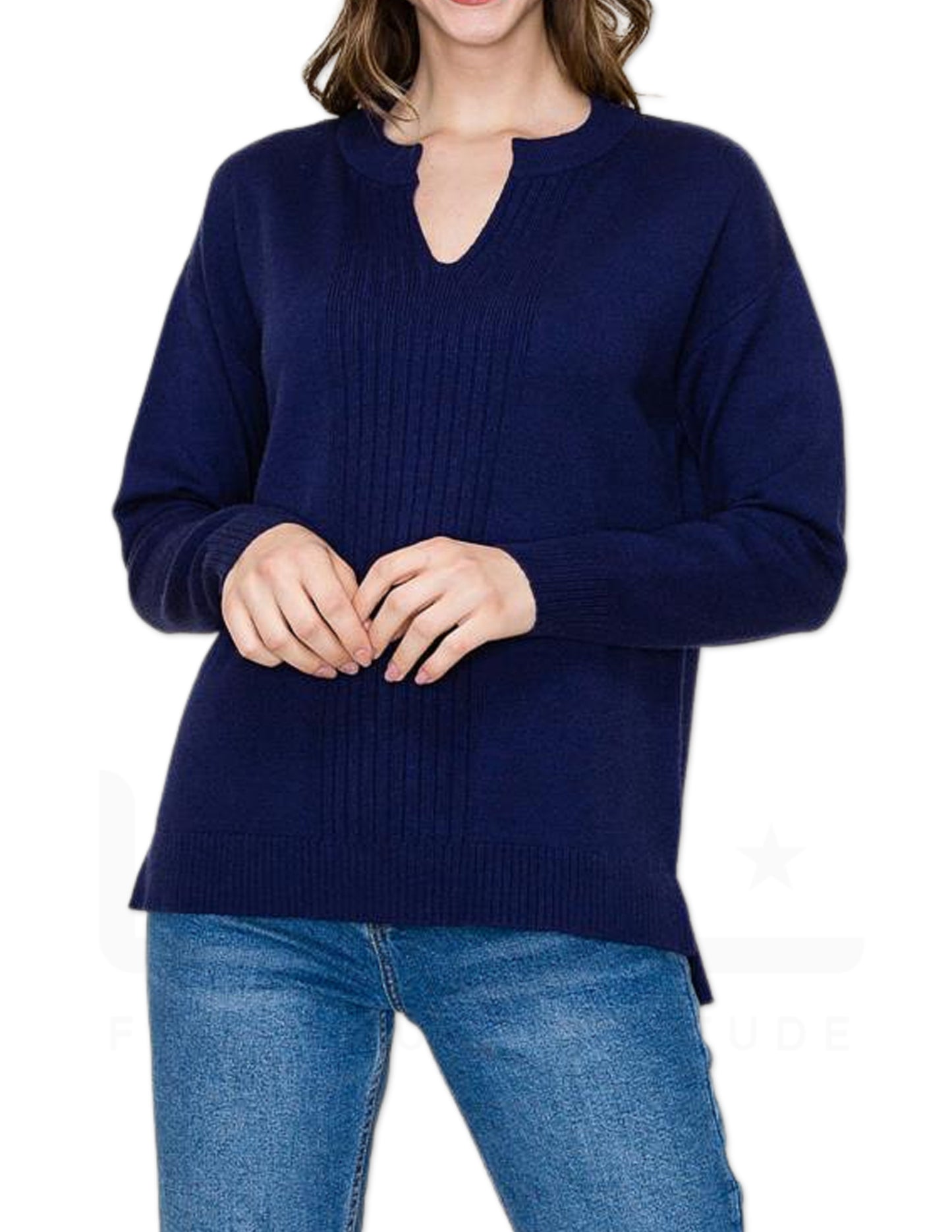 Split Neck Pullover Sweater - Navy
