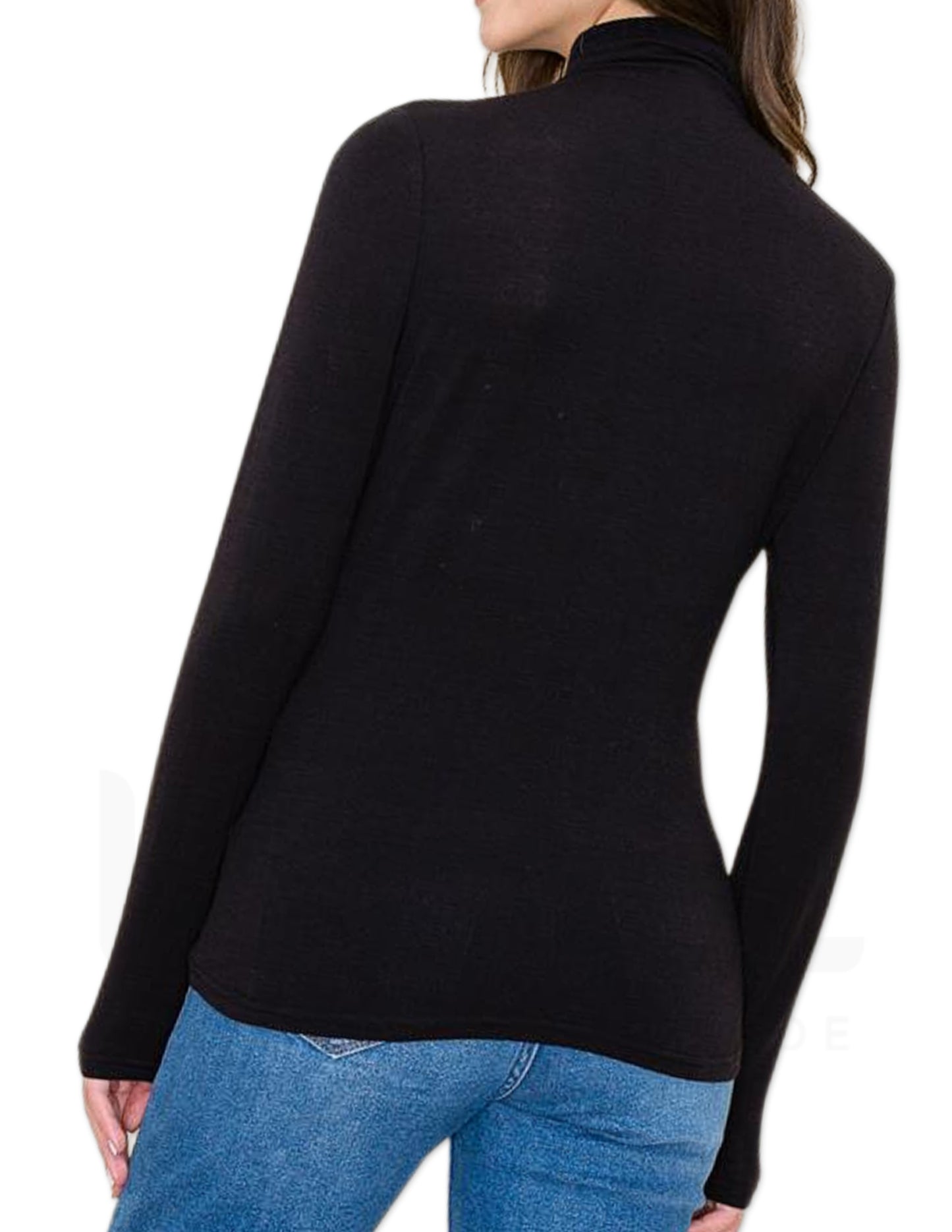 Mock Gathered Neck Long Sleeve - Black