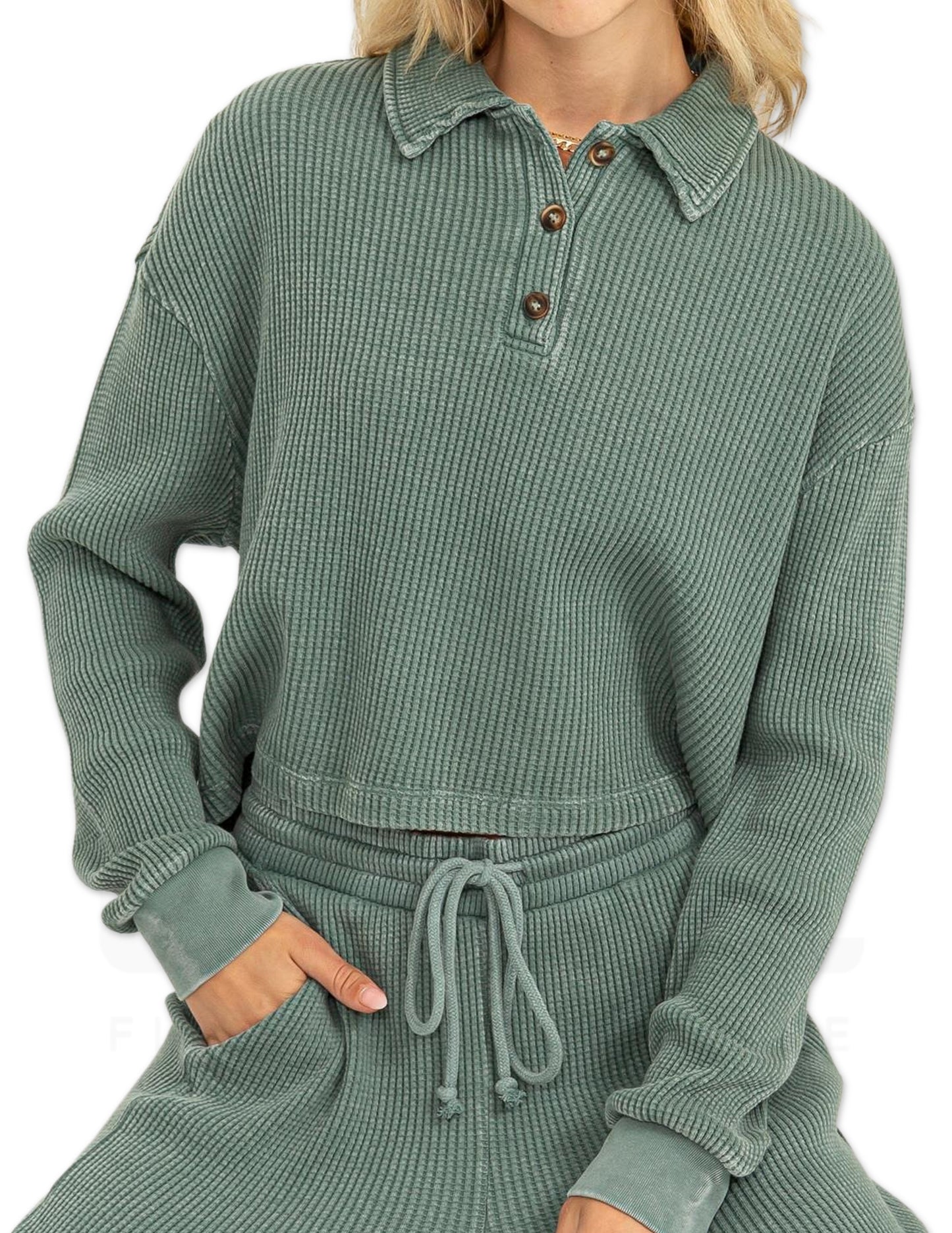 Collared Button Front Top - Grey Green