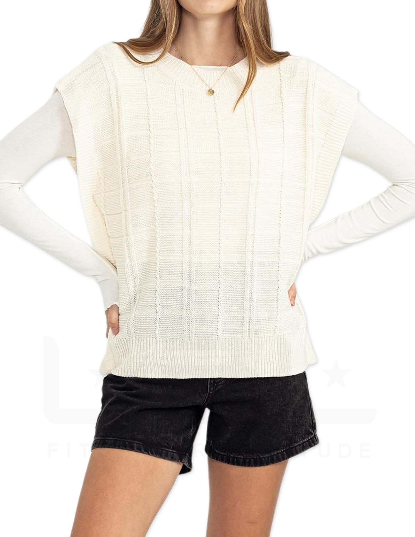 Sleeveless Oversized Cable Knit Sweater Vest - Cream