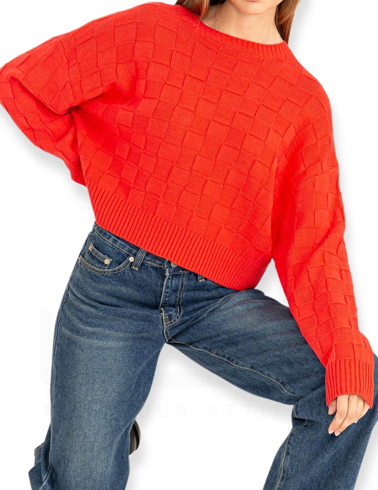 Square Texture Long Sleeve Sweater - Red