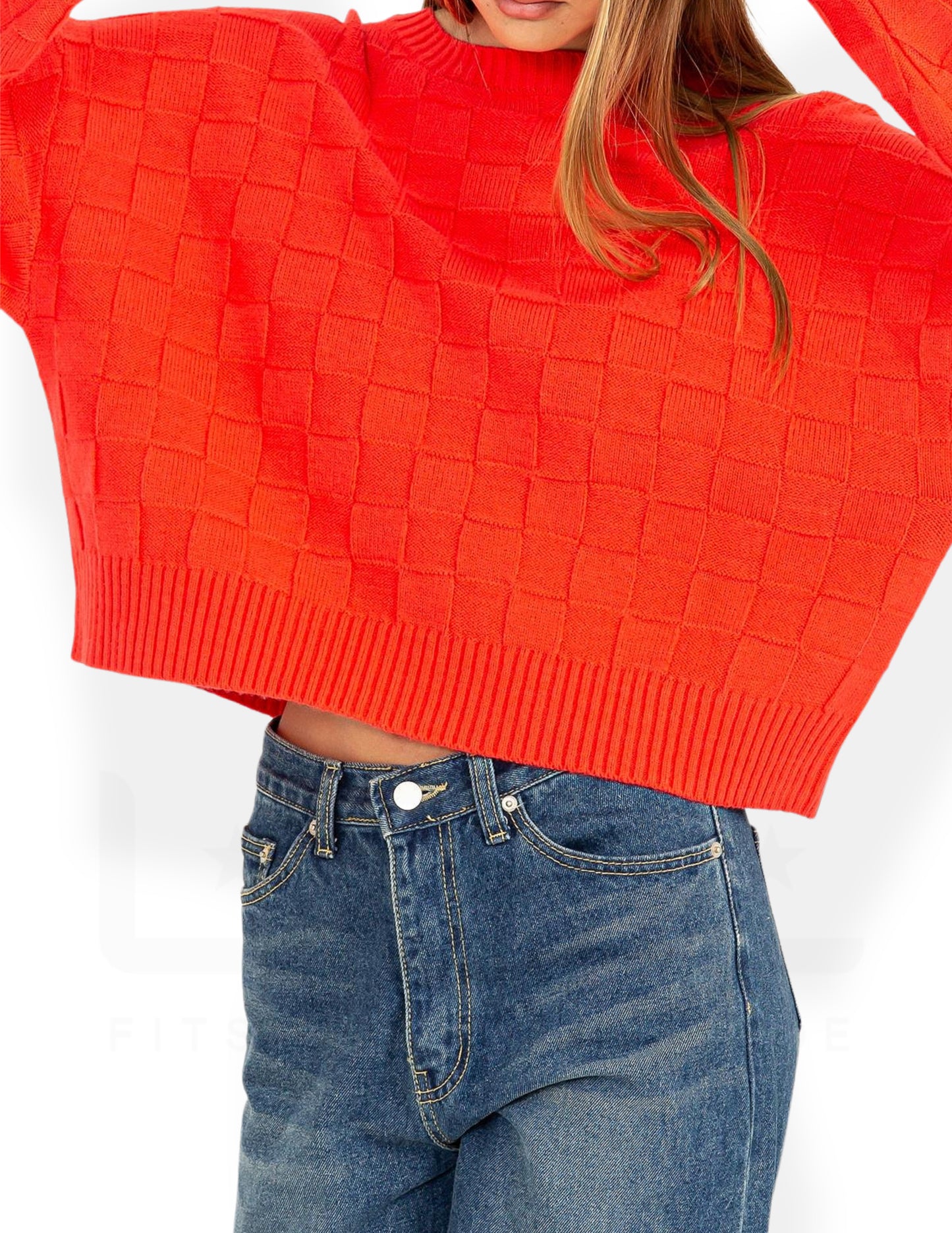 Square Texture Long Sleeve Sweater - Red
