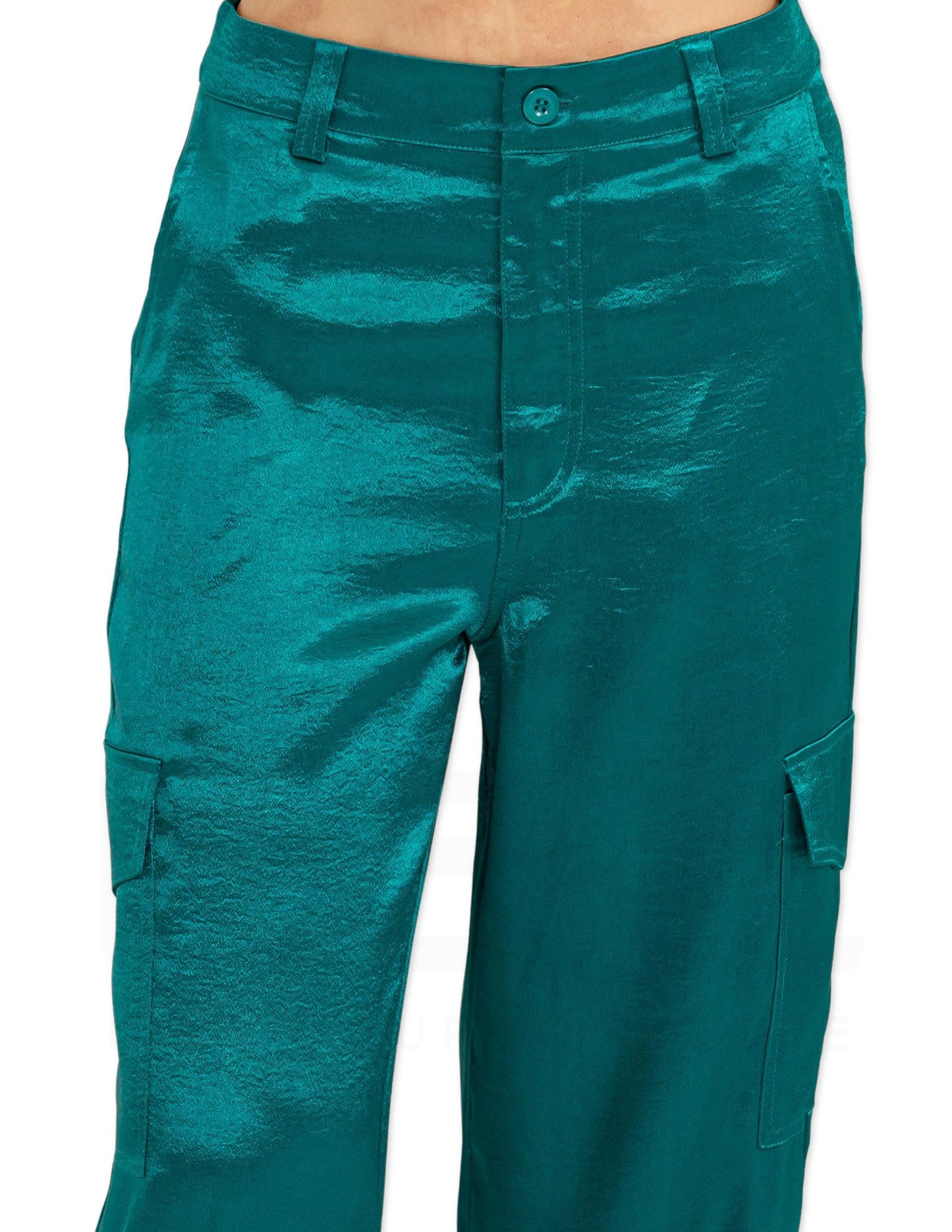 Satin High Waisted Cargo Pants - Teal