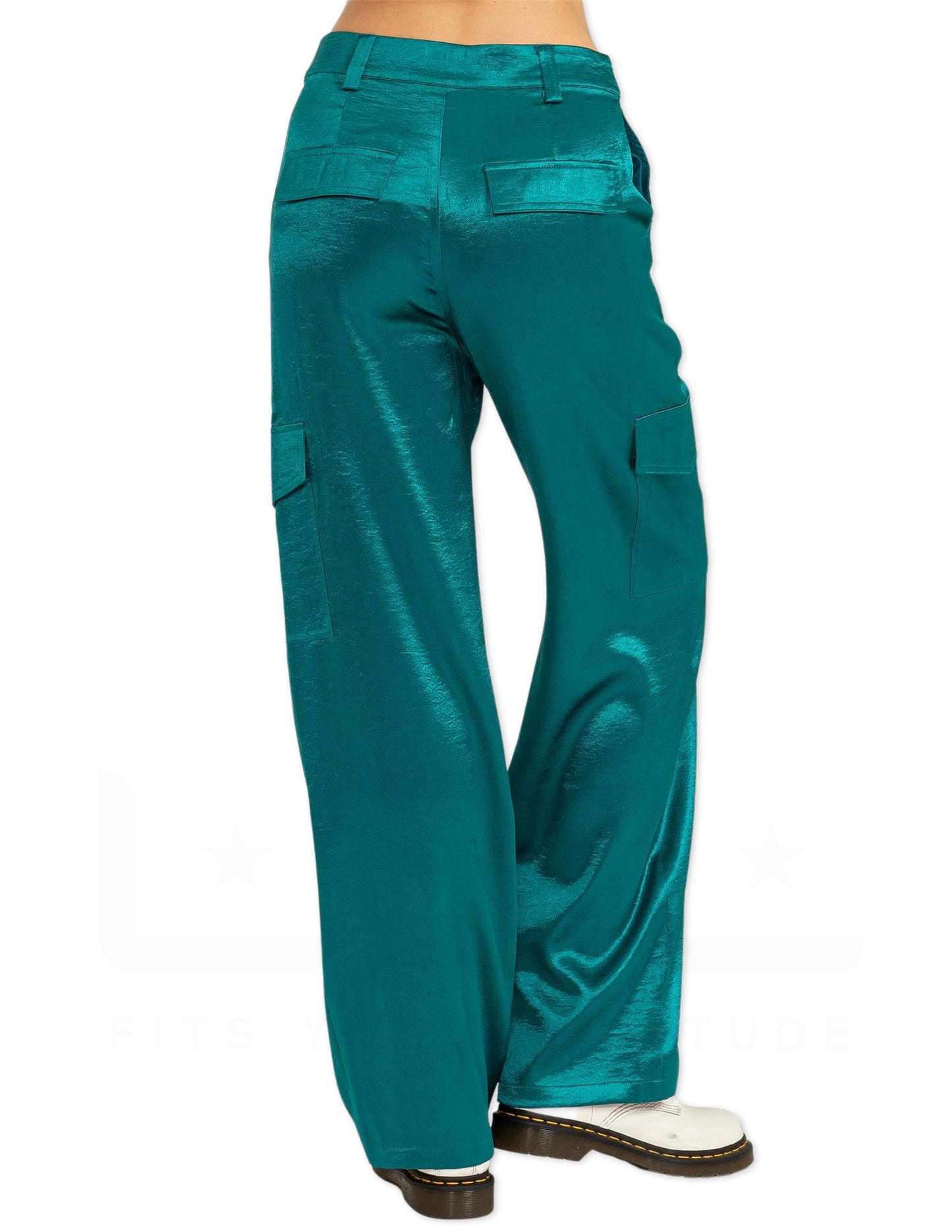 Satin High Waisted Cargo Pants - Teal