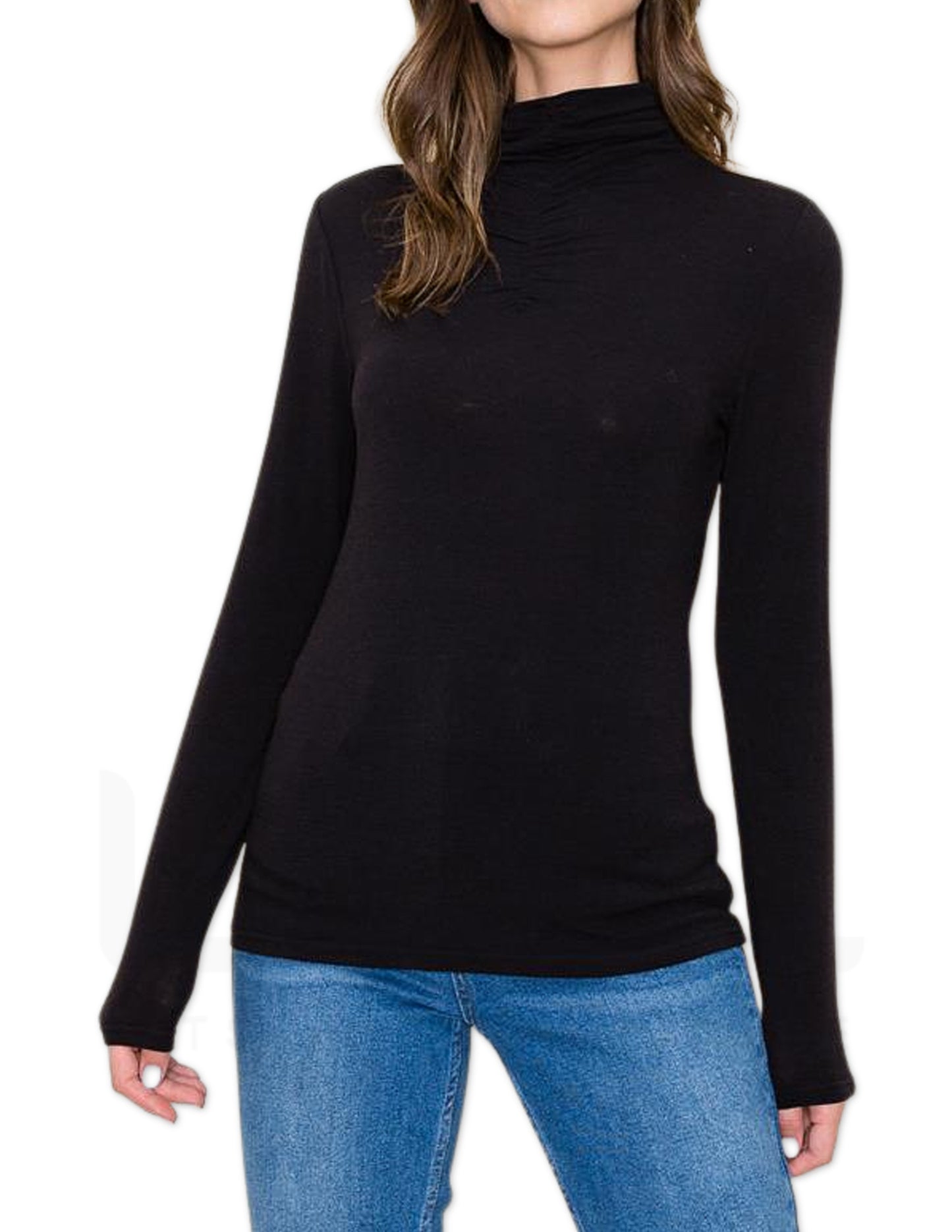 Mock Gathered Neck Long Sleeve - Black