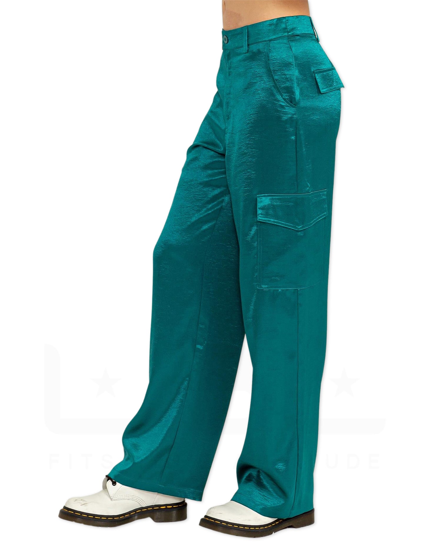 Satin High Waisted Cargo Pants - Teal