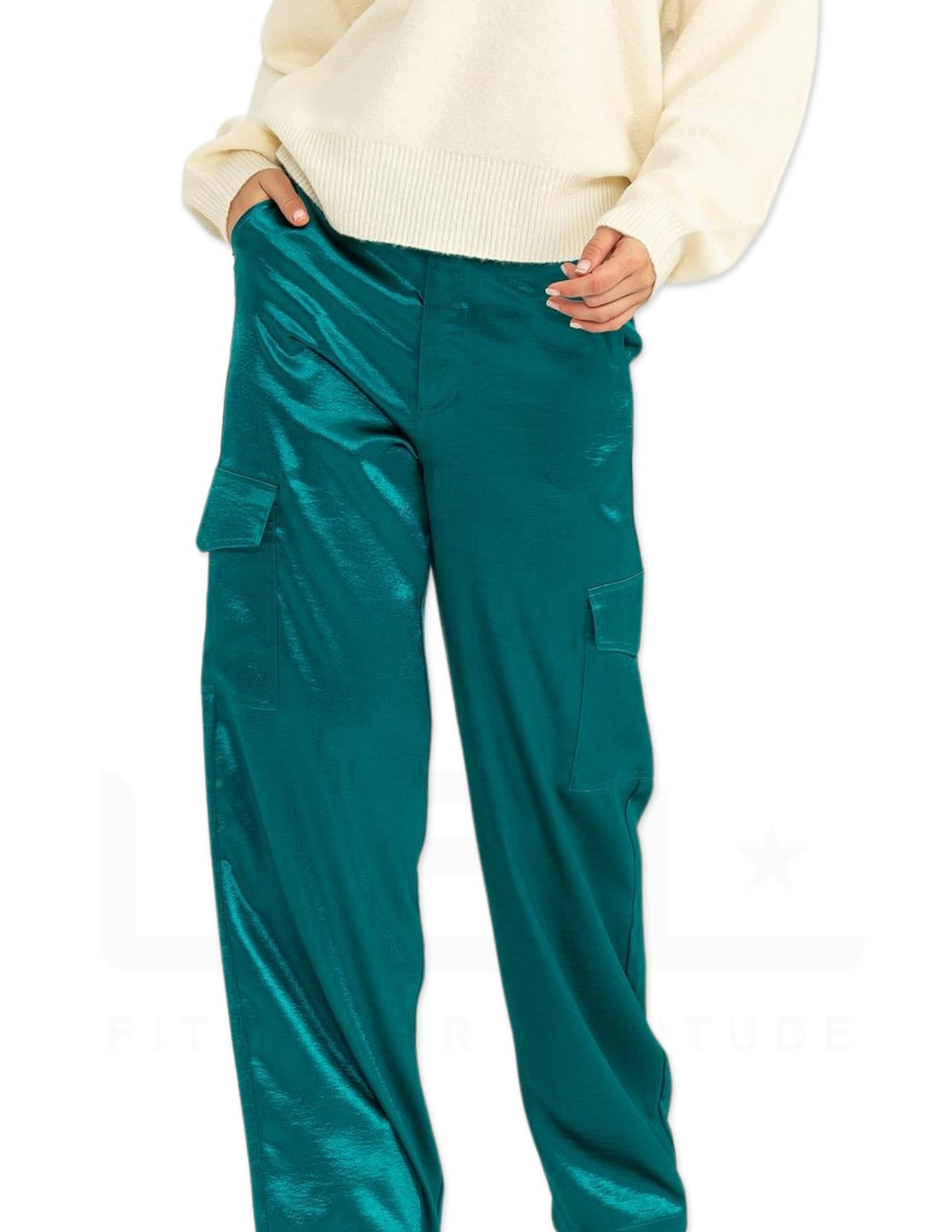 Satin High Waisted Cargo Pants - Teal