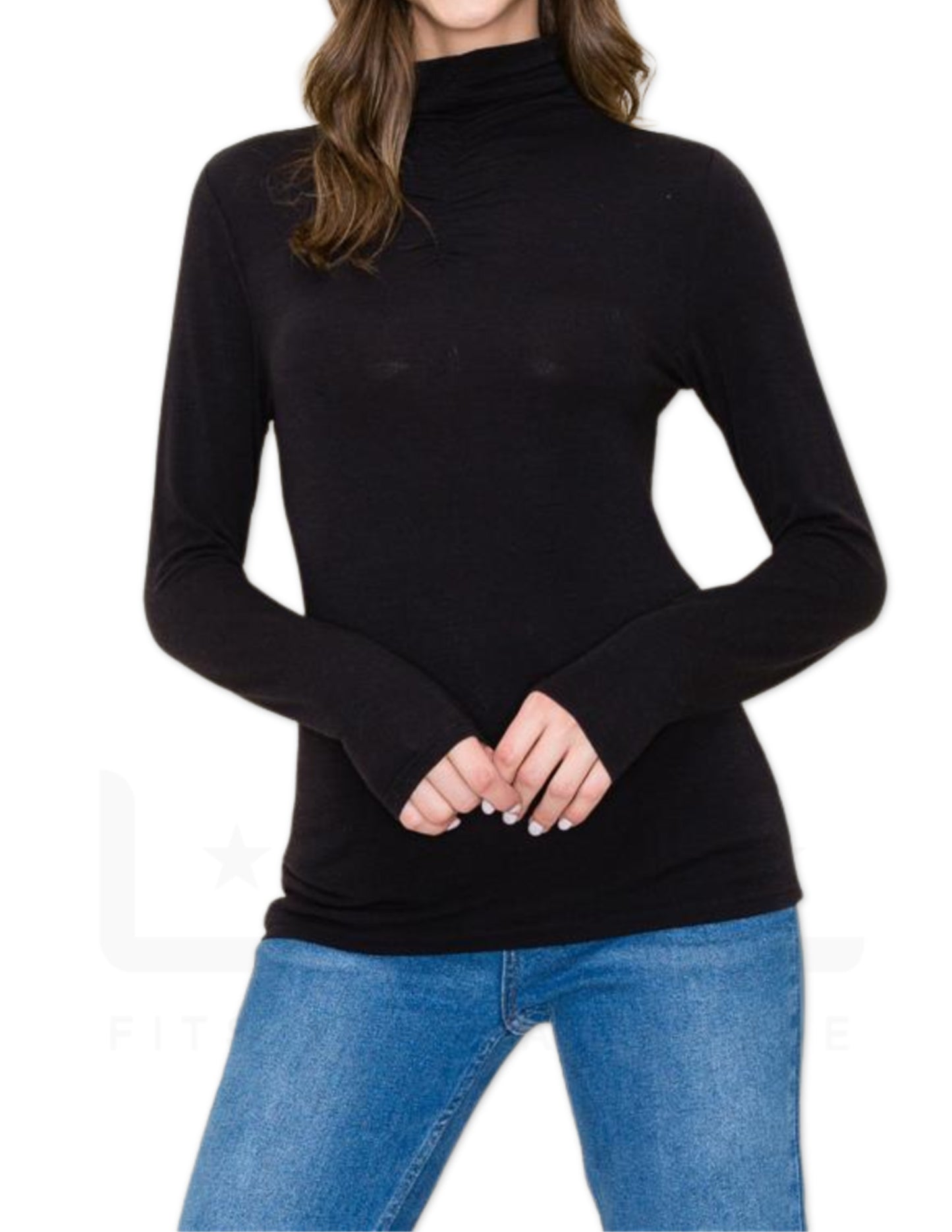 Mock Gathered Neck Long Sleeve - Black