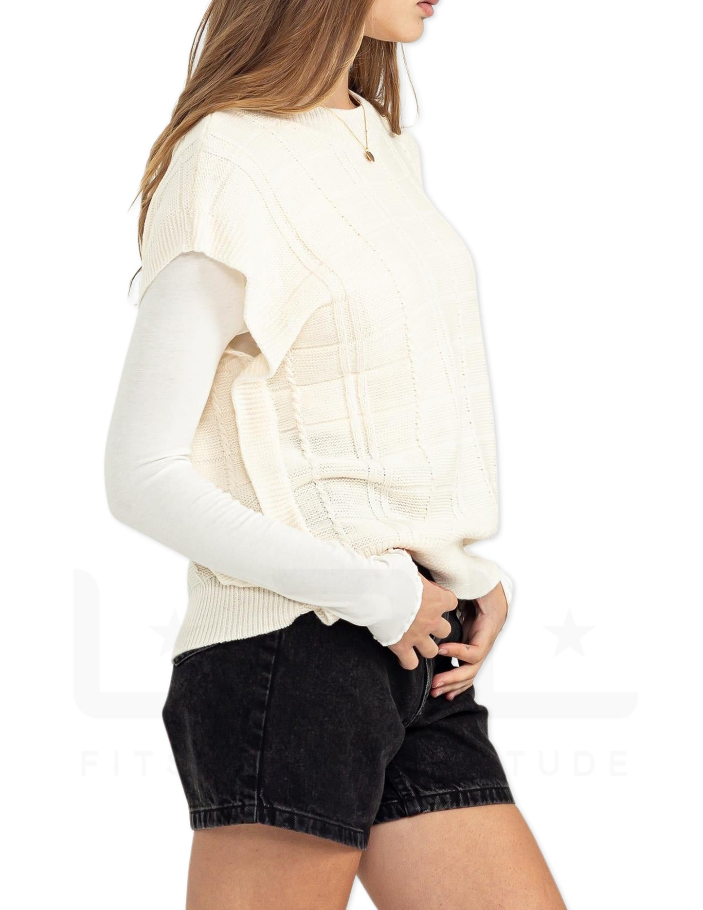 Sleeveless Oversized Cable Knit Sweater Vest - Cream