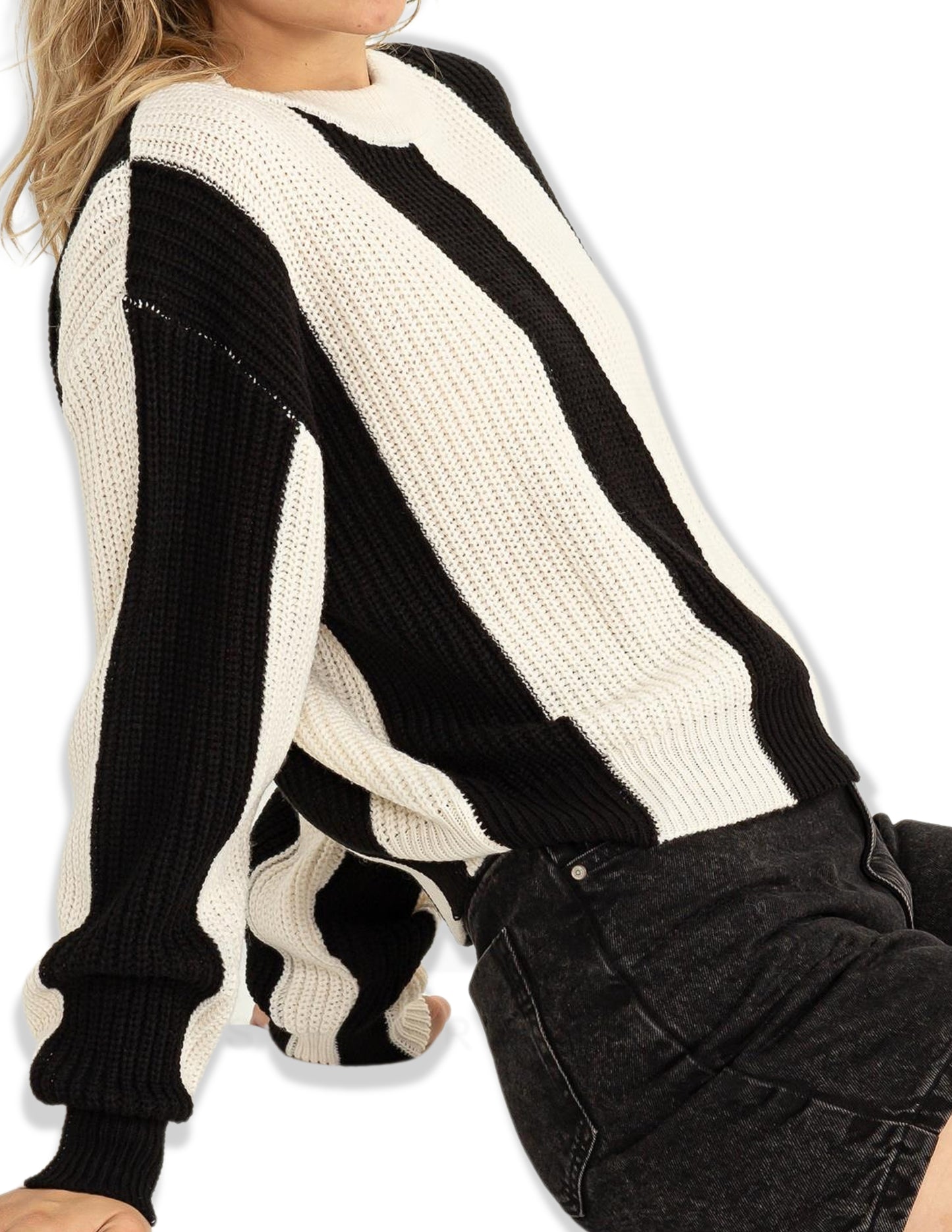 Vertical Stripe Sweater - Black and Cream