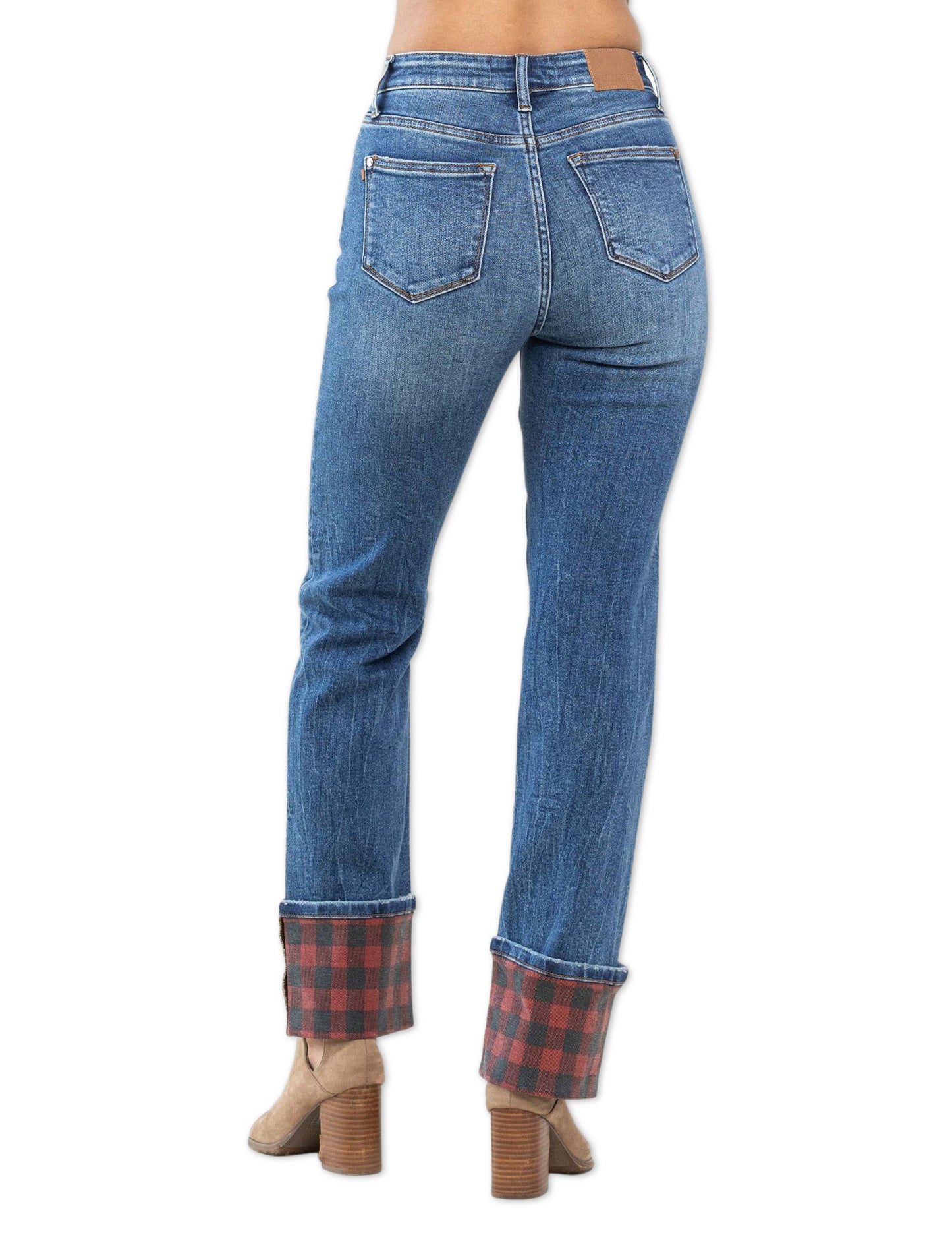 Judy Blue Buffalo Plaid Cuff Straight Leg Jeans