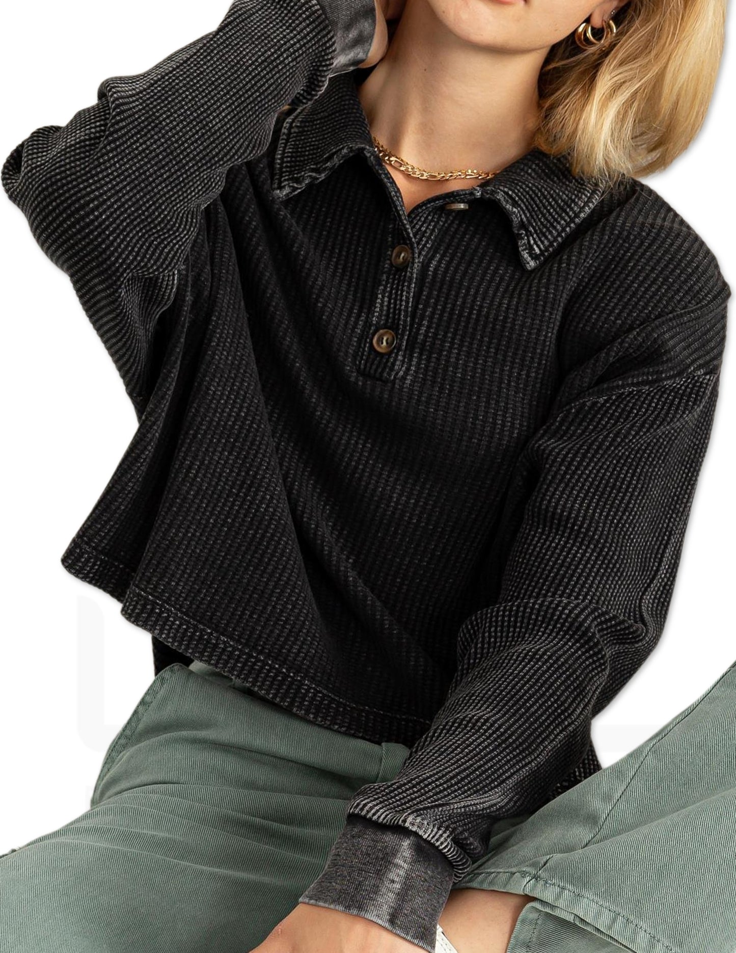 Collared Button Front Top - Black