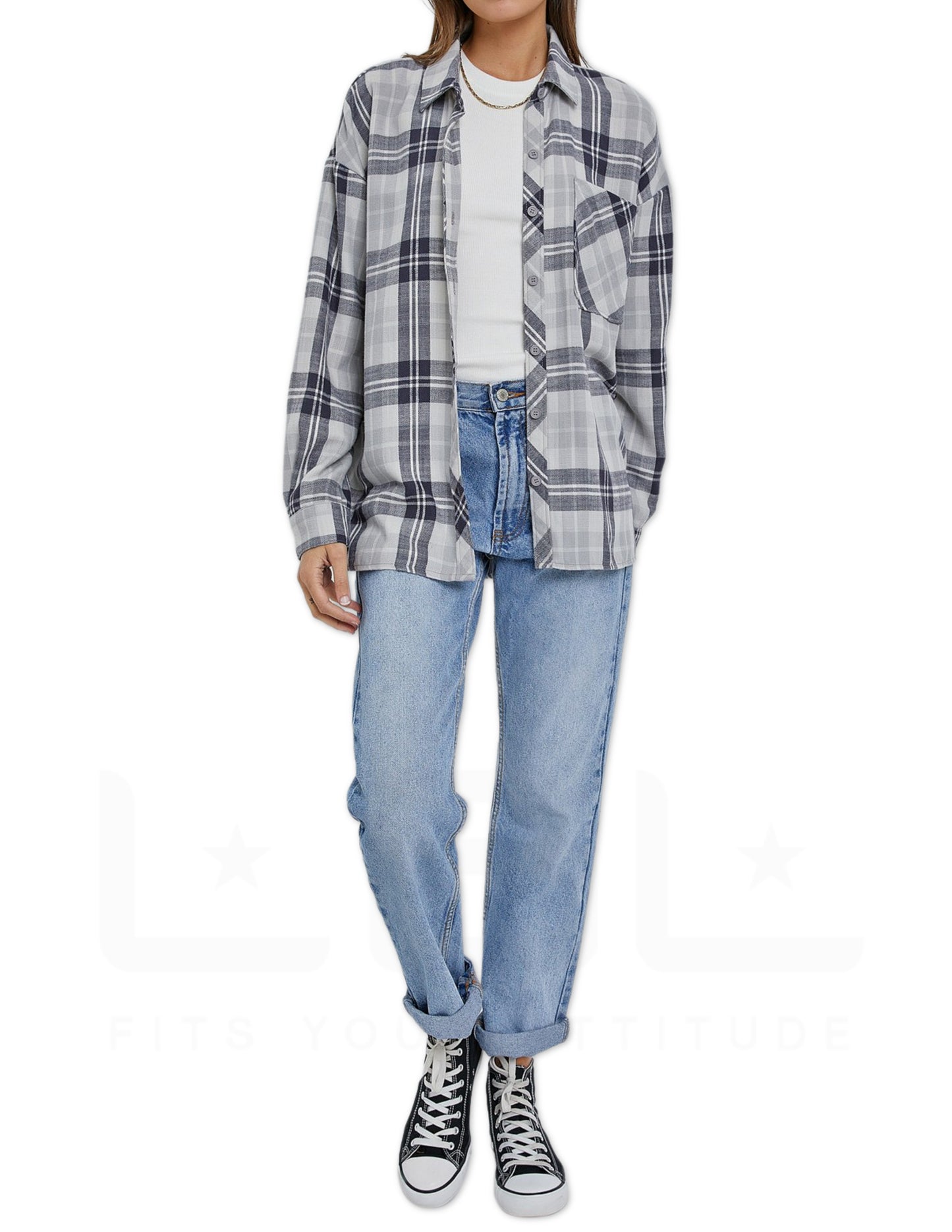 Oversized Boyfriend Flannel Shirt - Navy