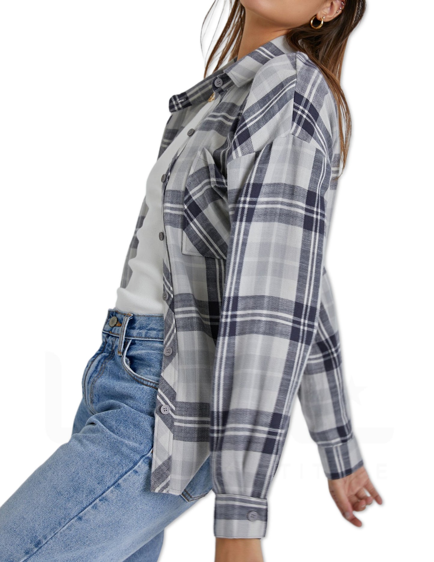 Oversized Boyfriend Flannel Shirt - Navy