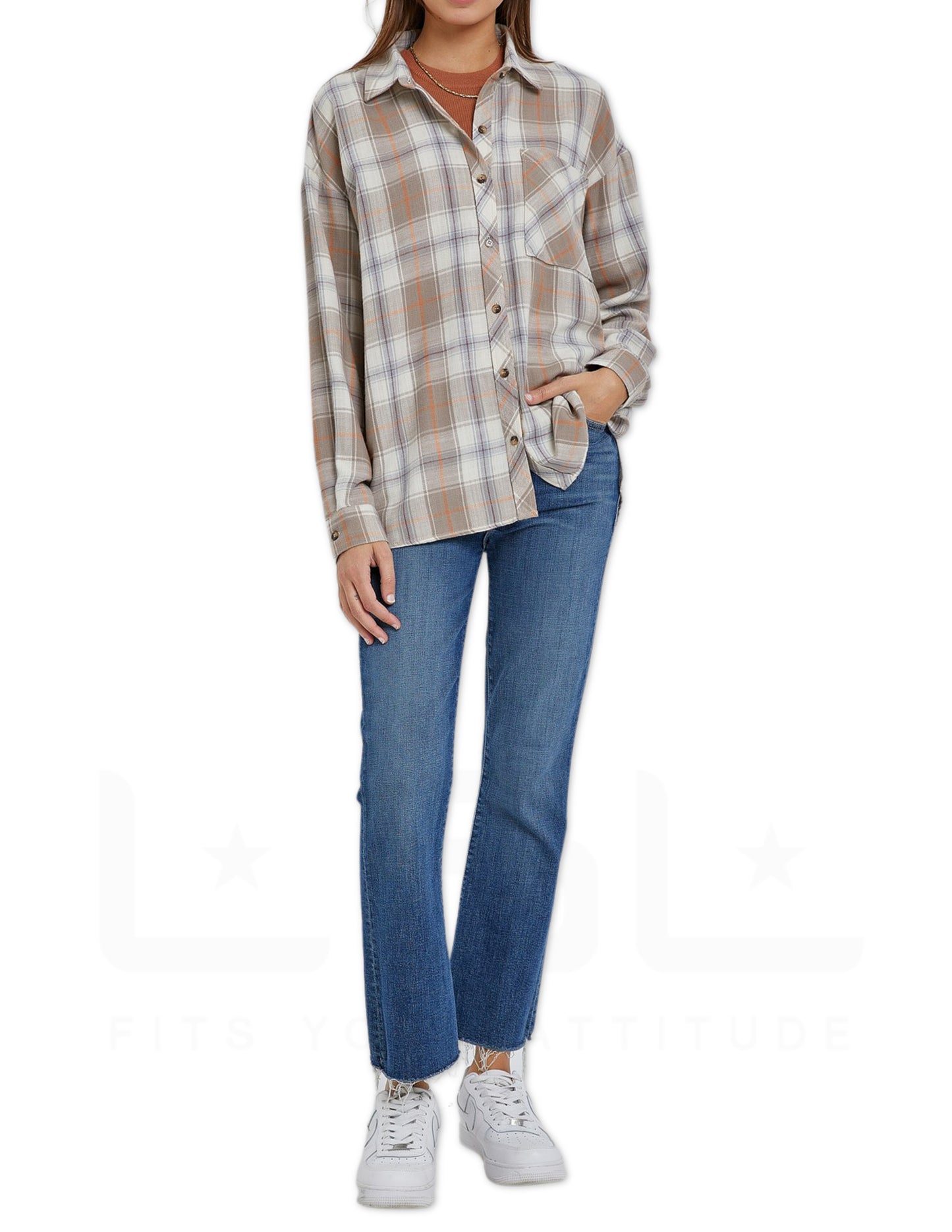 Oversized Boyfriend Flannel Shirt - Taupe
