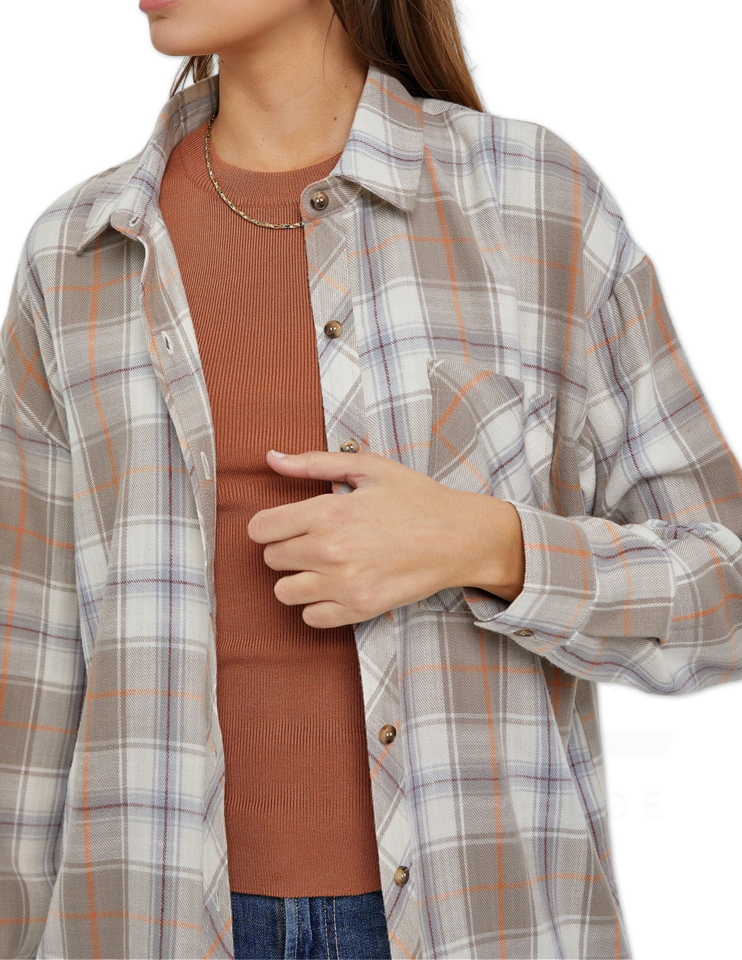 Oversized Boyfriend Flannel Shirt - Taupe