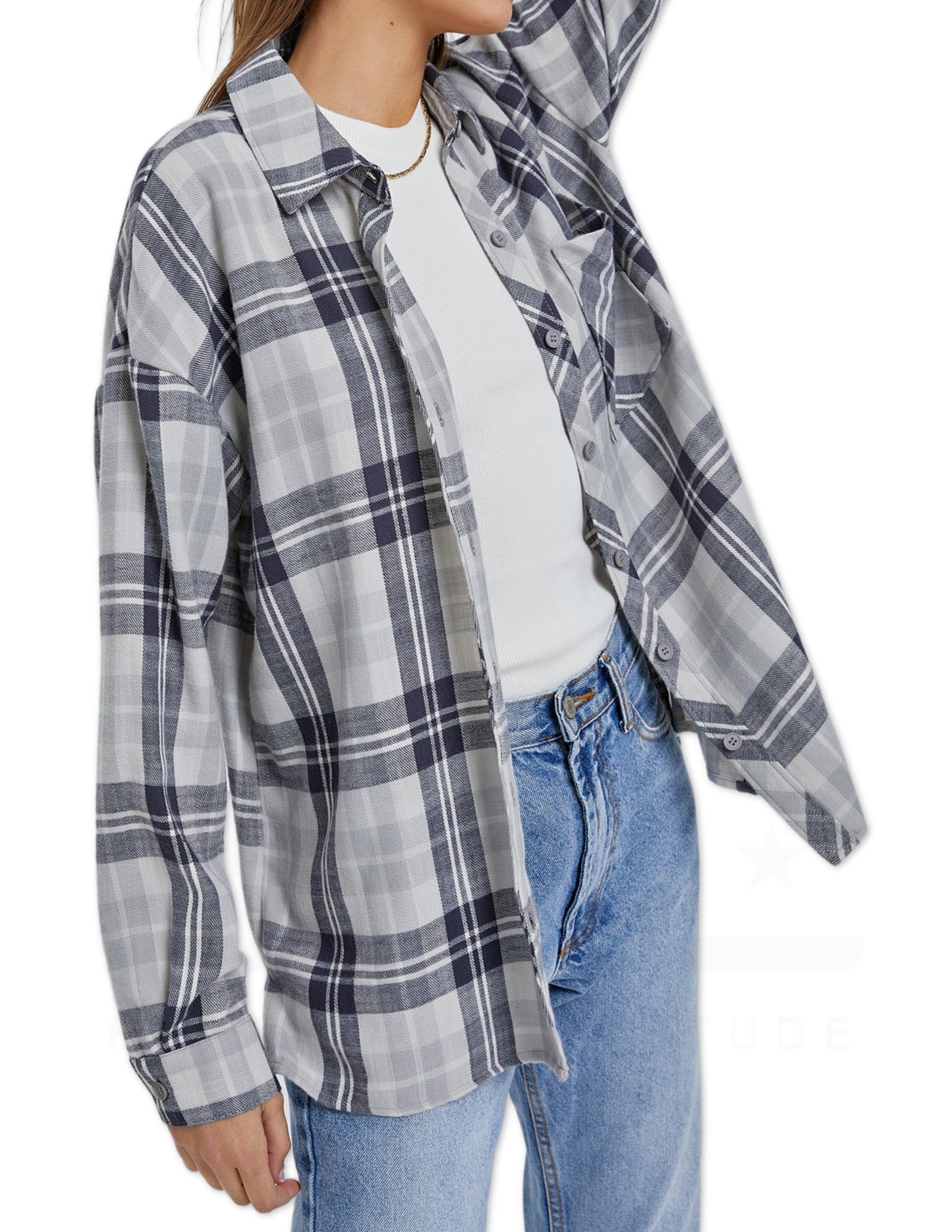 Oversized Boyfriend Flannel Shirt - Navy