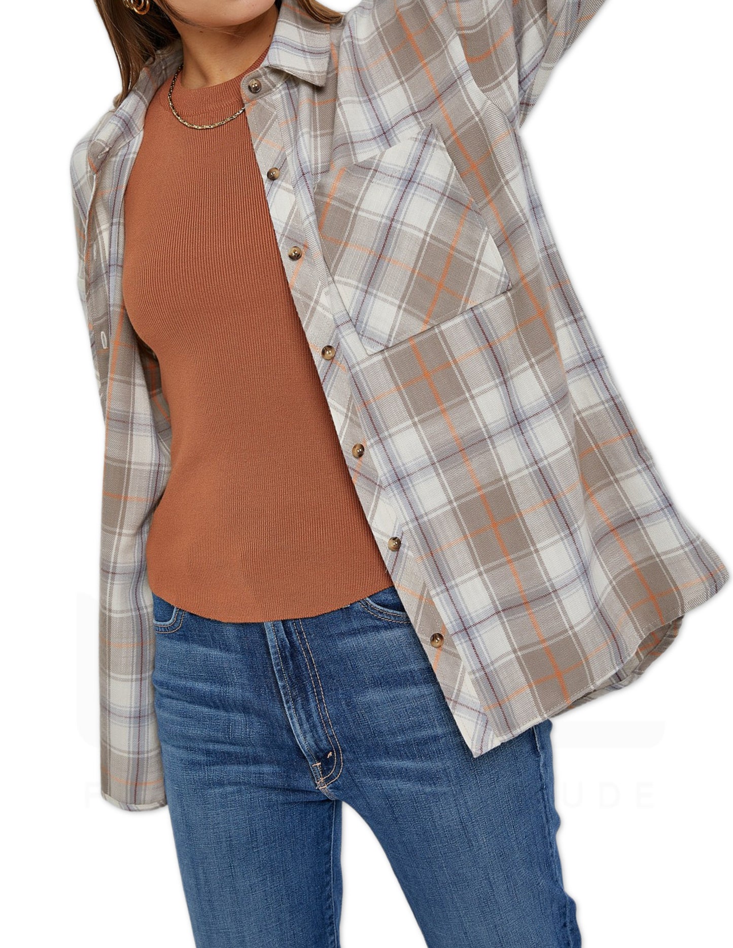 Oversized Boyfriend Flannel Shirt - Taupe