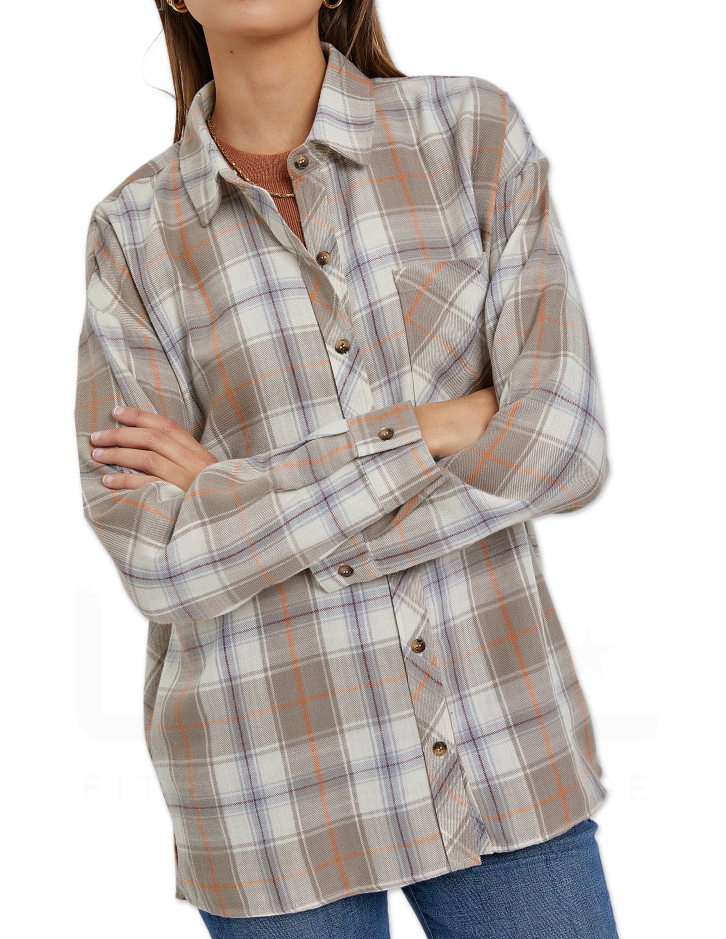 Oversized Boyfriend Flannel Shirt - Taupe