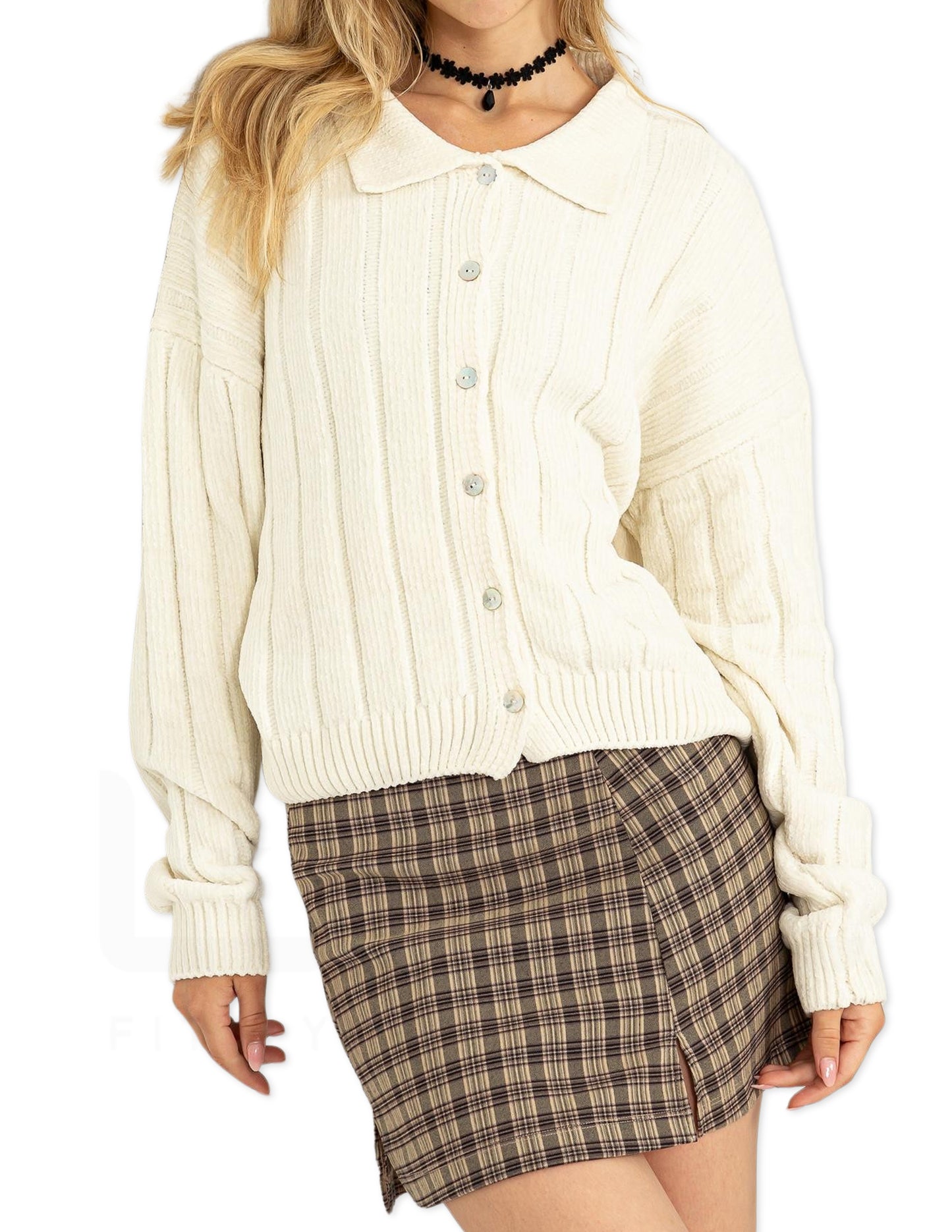 Collared Button Front Cardigan - Cream