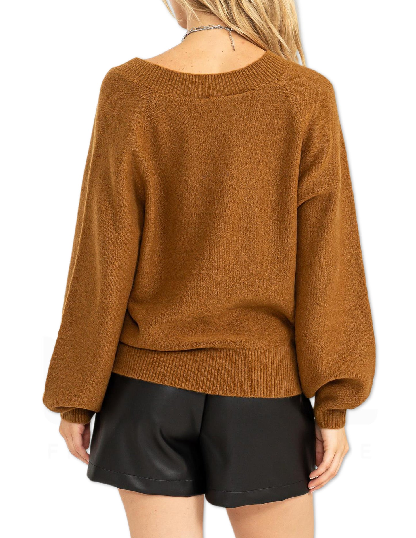 Deep V-Neckling Sweater - Pale Brown