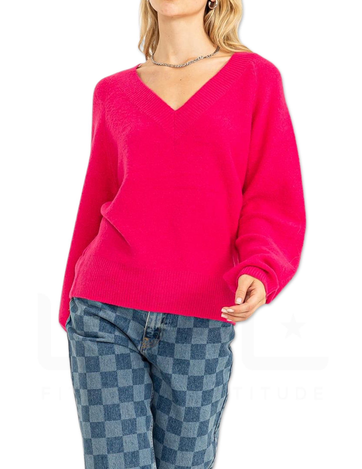 Deep V-Neckling Sweater - Fuchsia
